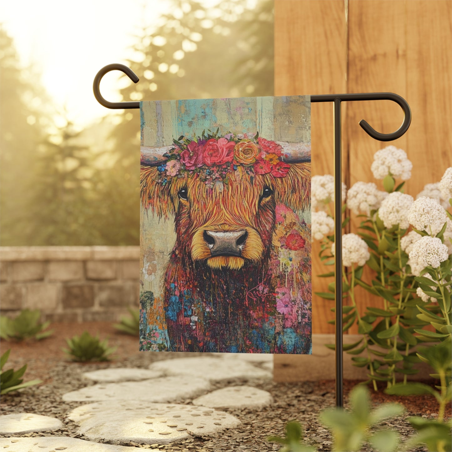 Floral Highland Cow Garden Banner, Outdoor Decor, Farmhouse Style Flag, Ranch Decor, Spring and Summer Decor, Gift for Garden Lovers