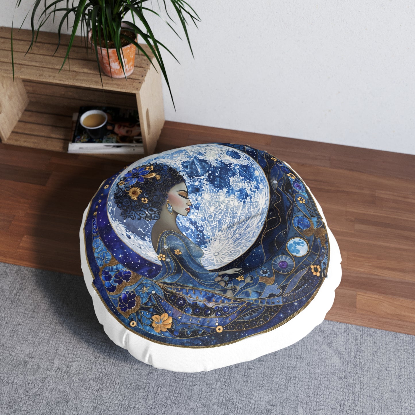 Blue Moon Goddess Tufted Floor Pillow, Round - Moon Goddess Decor, Bohemian Home Accent, Cozy Living Space, Gift for Her
