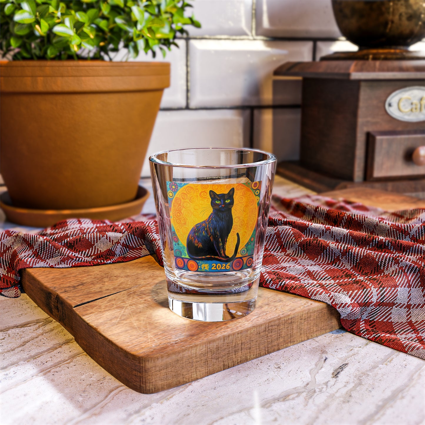 Happy New Year Black Cat Artwork 2026 Shot Glass | 2026 Colorful Cat Design