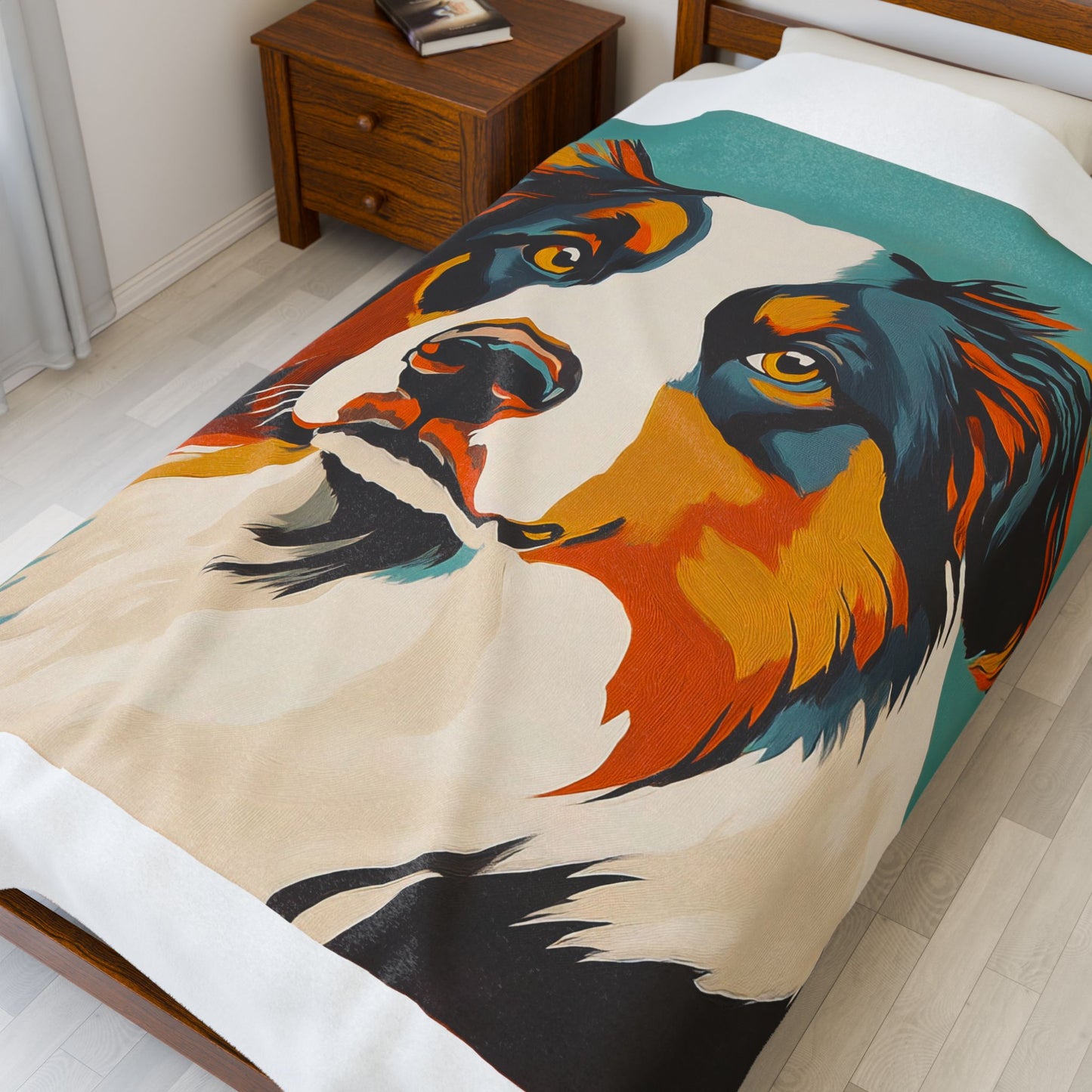 Mid Century Modern Black Tri Colored Aussie Portrait Velveteen Plush Blanket, Pet Lover Gift, Cozy Home Decor, Dog Enthusiast