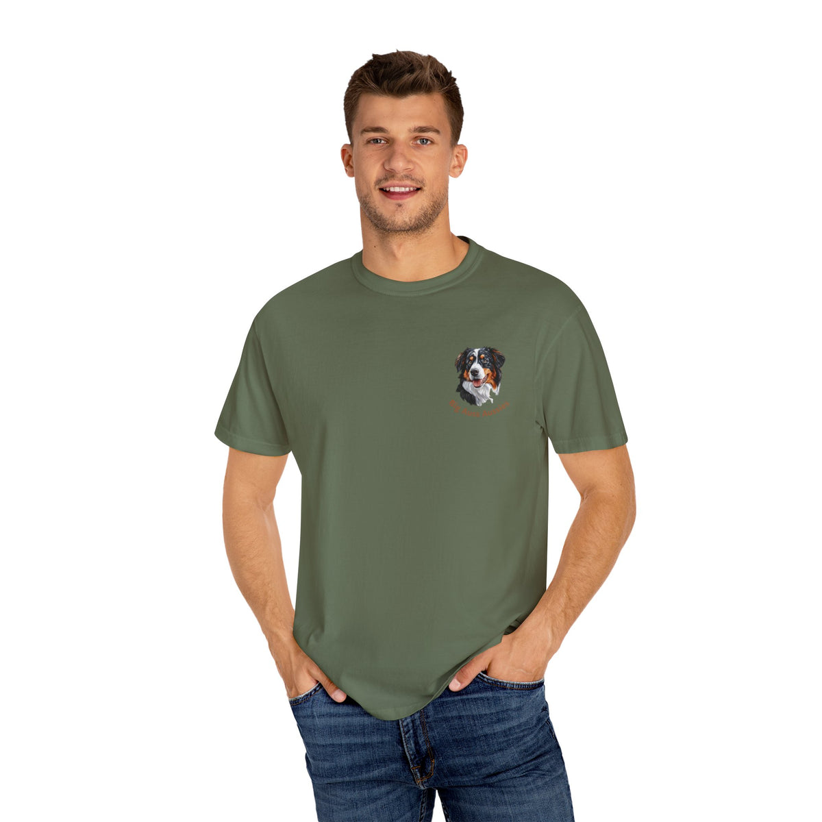 Big Auss Aussies T-shirt, Unisex Garment-Dyed Tee, Tri Color Australian Shepherd