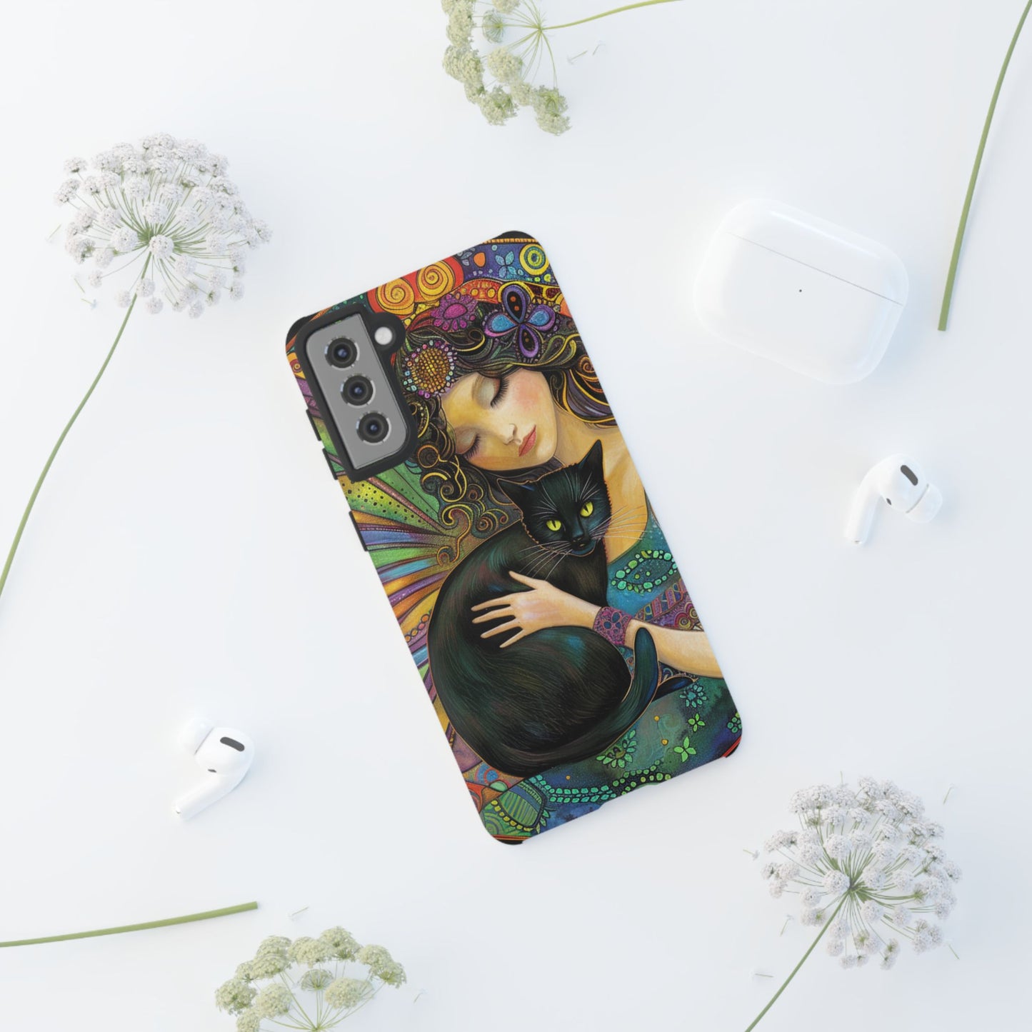 Artistic Phone Case, Celestial Cat Case, Bohemian Style, Gift for Cat Lovers, Unique Phone Protection, Colorful Design