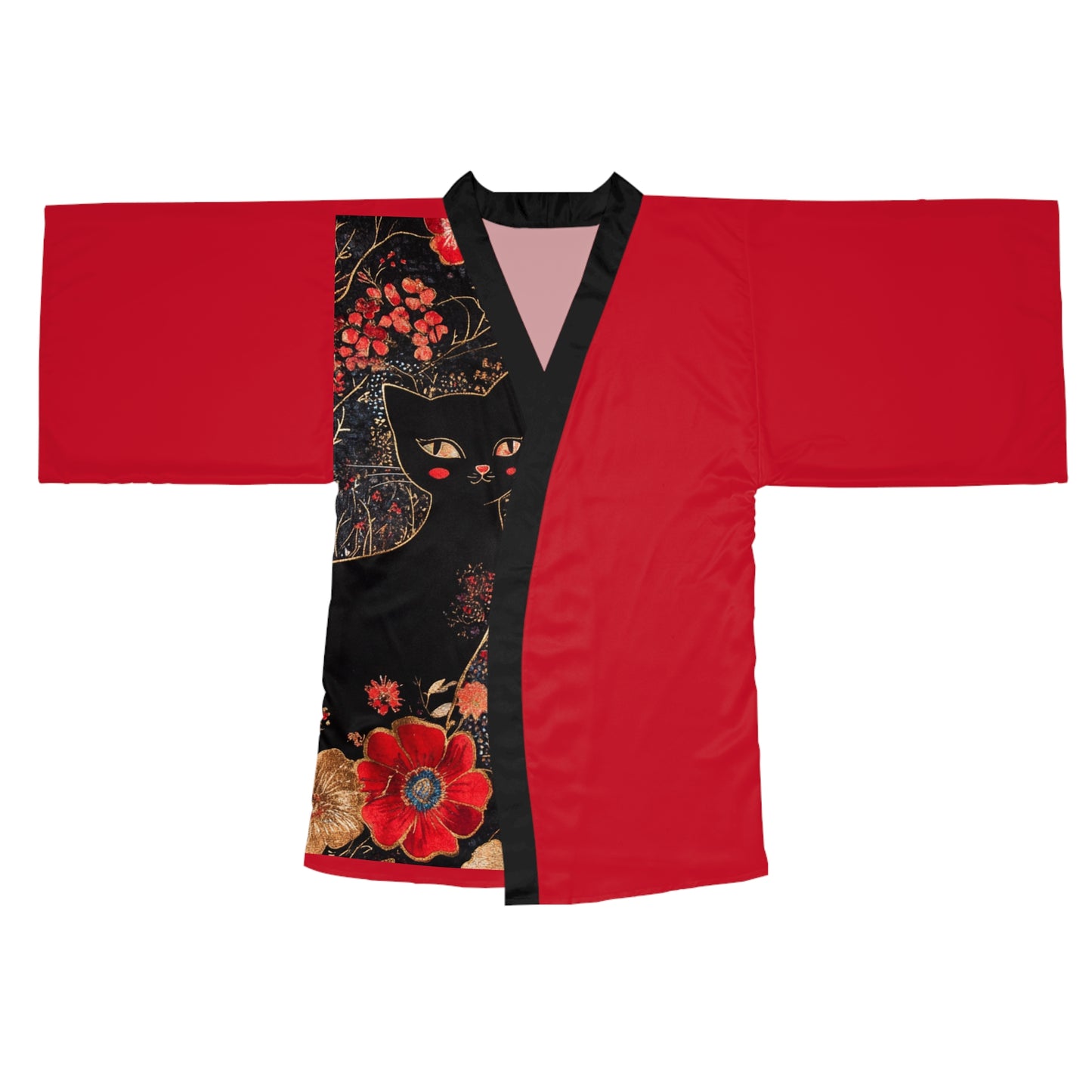 Geisha Cat Elegant Long Sleeve Kimono Robe, Cozy Loungewear, Perfect Gift for Her, Zen Home Decor, Cat Lovers' Style