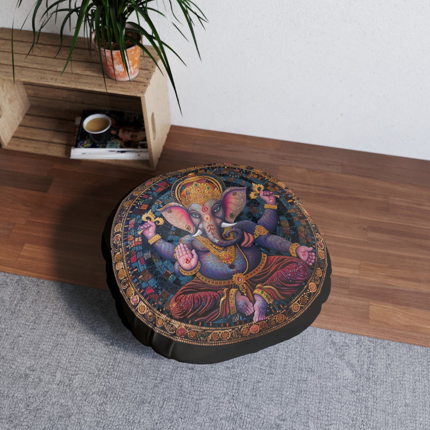 Ganesha Meditative Tufted Floor Pillow, Bohemian Decor, Round Cushion, Relaxation Seat, Yoga Mat Accessory, Ganesha Art Pillow