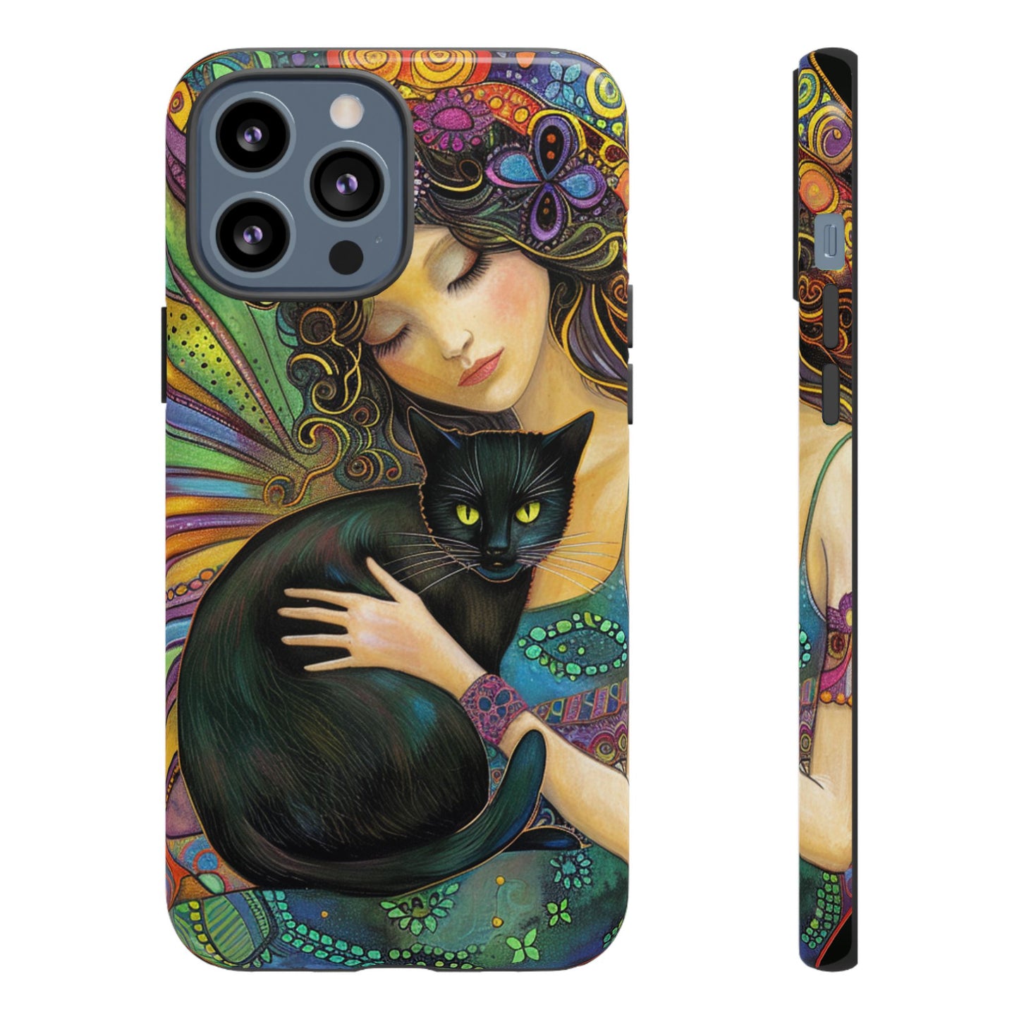 Artistic Phone Case, Celestial Cat Case, Bohemian Style, Gift for Cat Lovers, Unique Phone Protection, Colorful Design