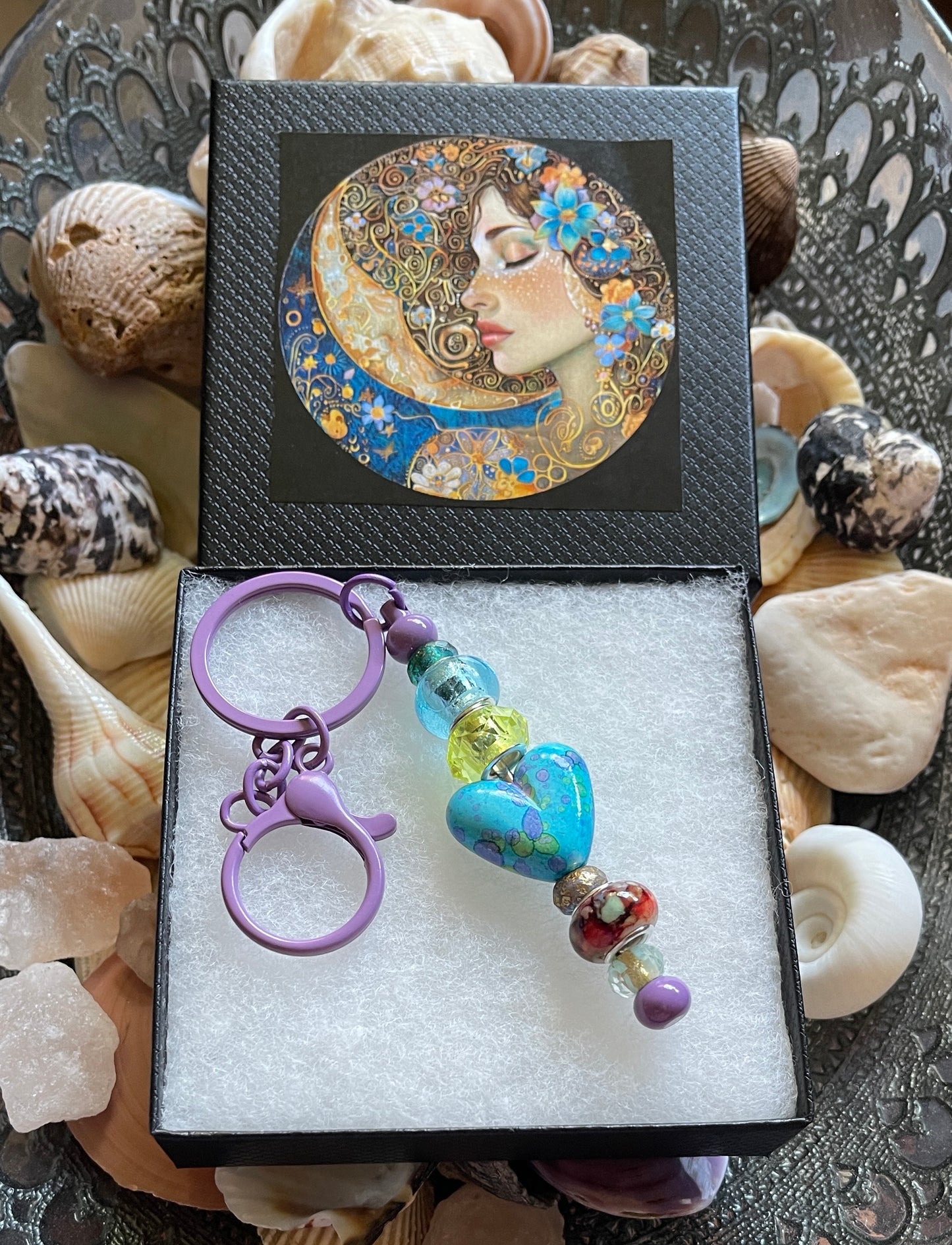 Colorful Beaded Keychain with Heart Charm and Lady of The Moon Gift Box