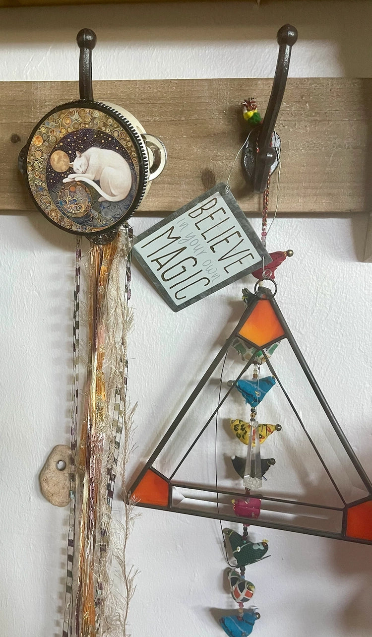 Mystical Moon Cat Tambourine and Ribbon Wall Accent