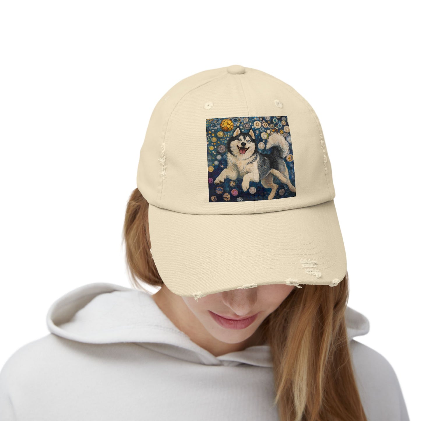 Husky Dog Cap, Distressed Adjustable Hat, Pet Lover Gift, Cute Casual Fashion, Unique Animal Apparel