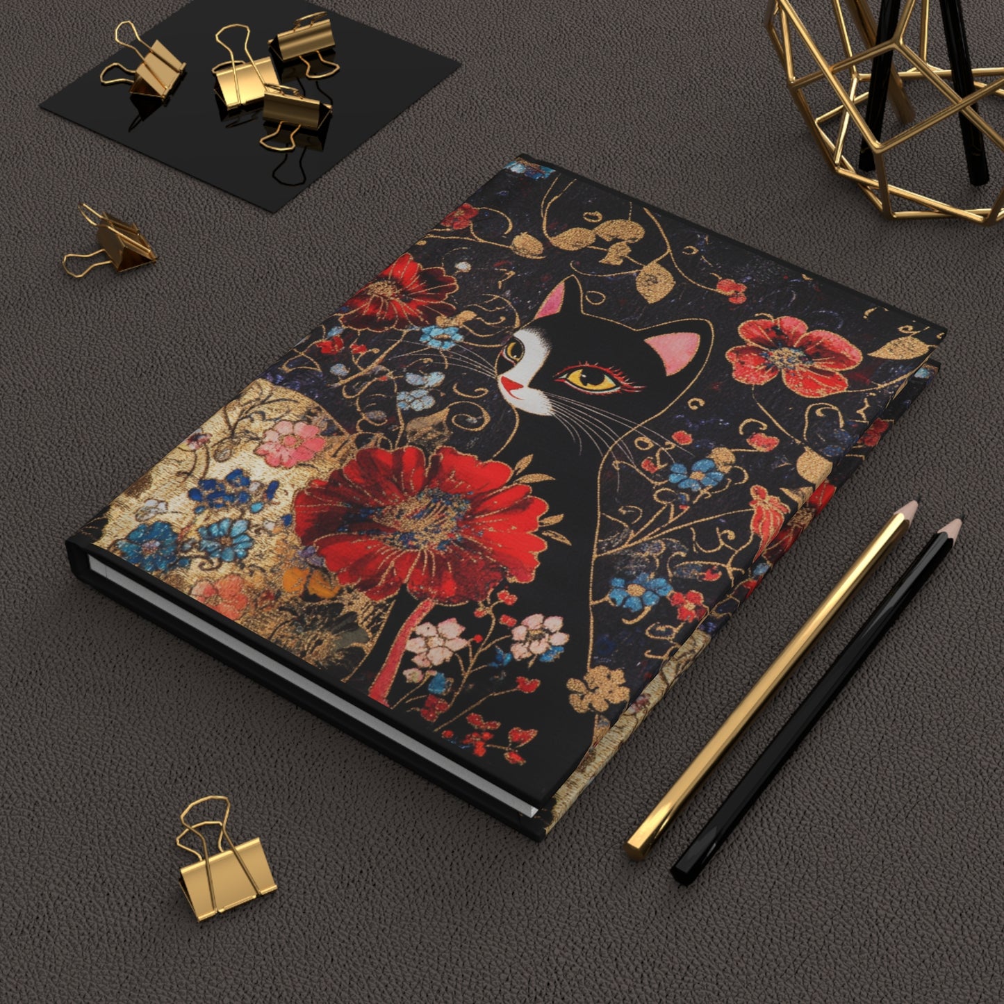 Geisha Cat Hardcover Journal, Floral Notebook, Gift for Cat Lovers, Unique Diary, Writing Journal, Birthday Gift, Art Journal