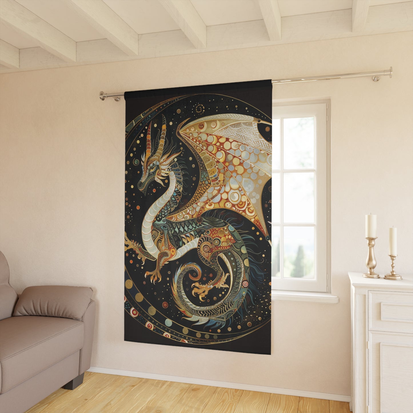 Fantasy Dragon Themed Window Curtain - Home Decor, Drapes, Curtain Panel, Art Curtains, Unique Gift