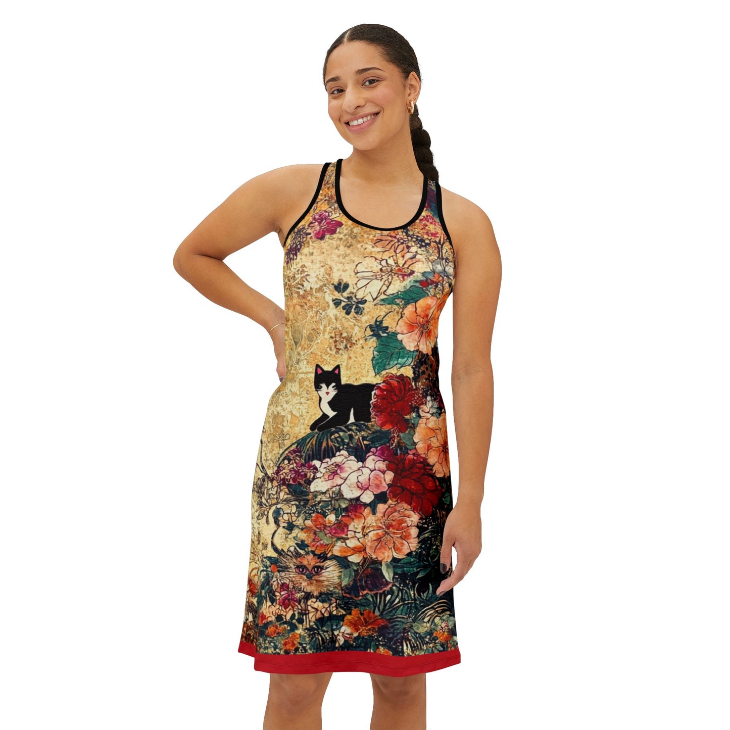 Geisha Cat Vintage Floral Cat Women's Racerback Dress, Summer Fashion, Casual Wear, Pet Lover Gift, Festive Occasions, Beach Cover-Up