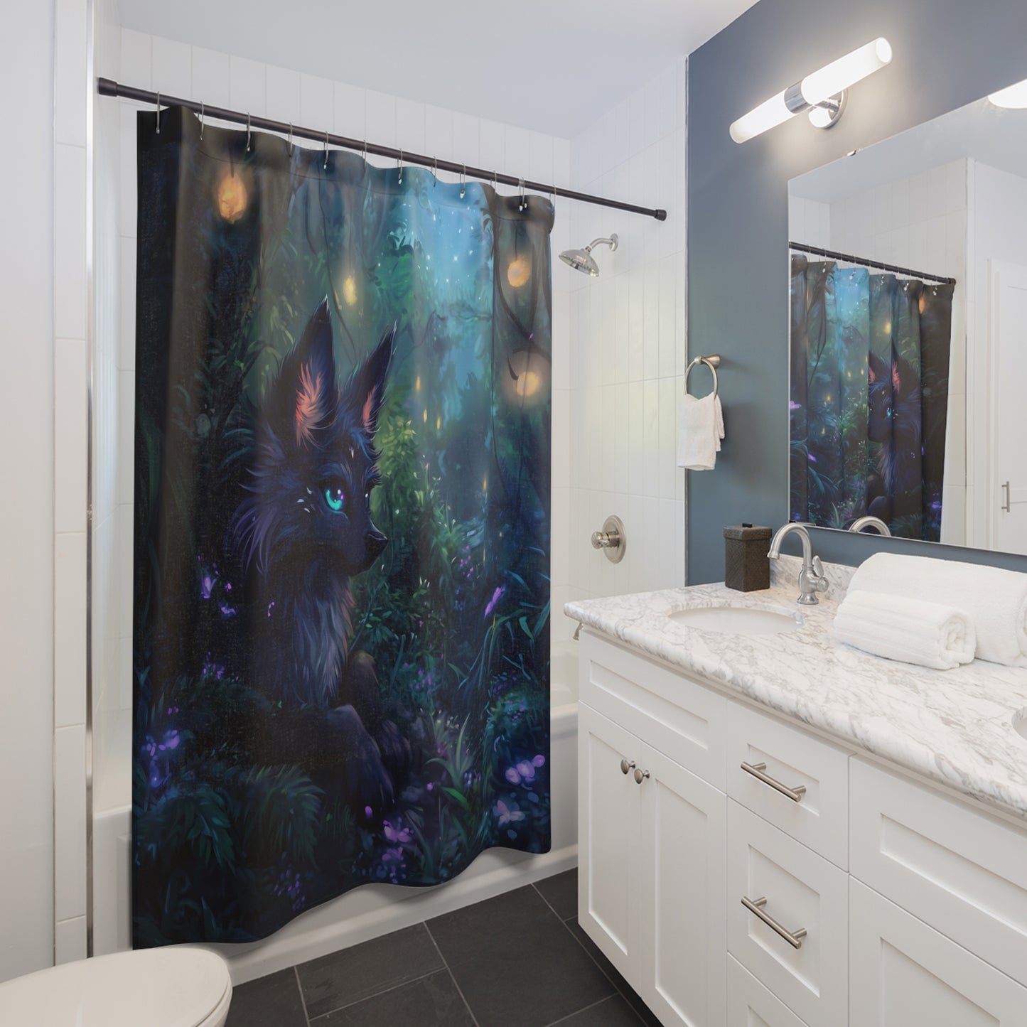 Mystical Forest Shower Curtain, Fantasy Bathroom Decor, Wolf Design, Nature-Inspired Home, Gift for Animal Lovers, Bohemian Decor