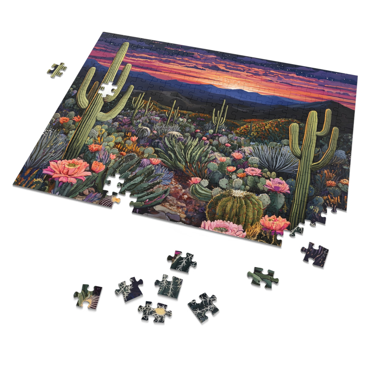 Desert Cactus Sunset Jigsaw Puzzle with Tin | Desert Landscape Puzzle