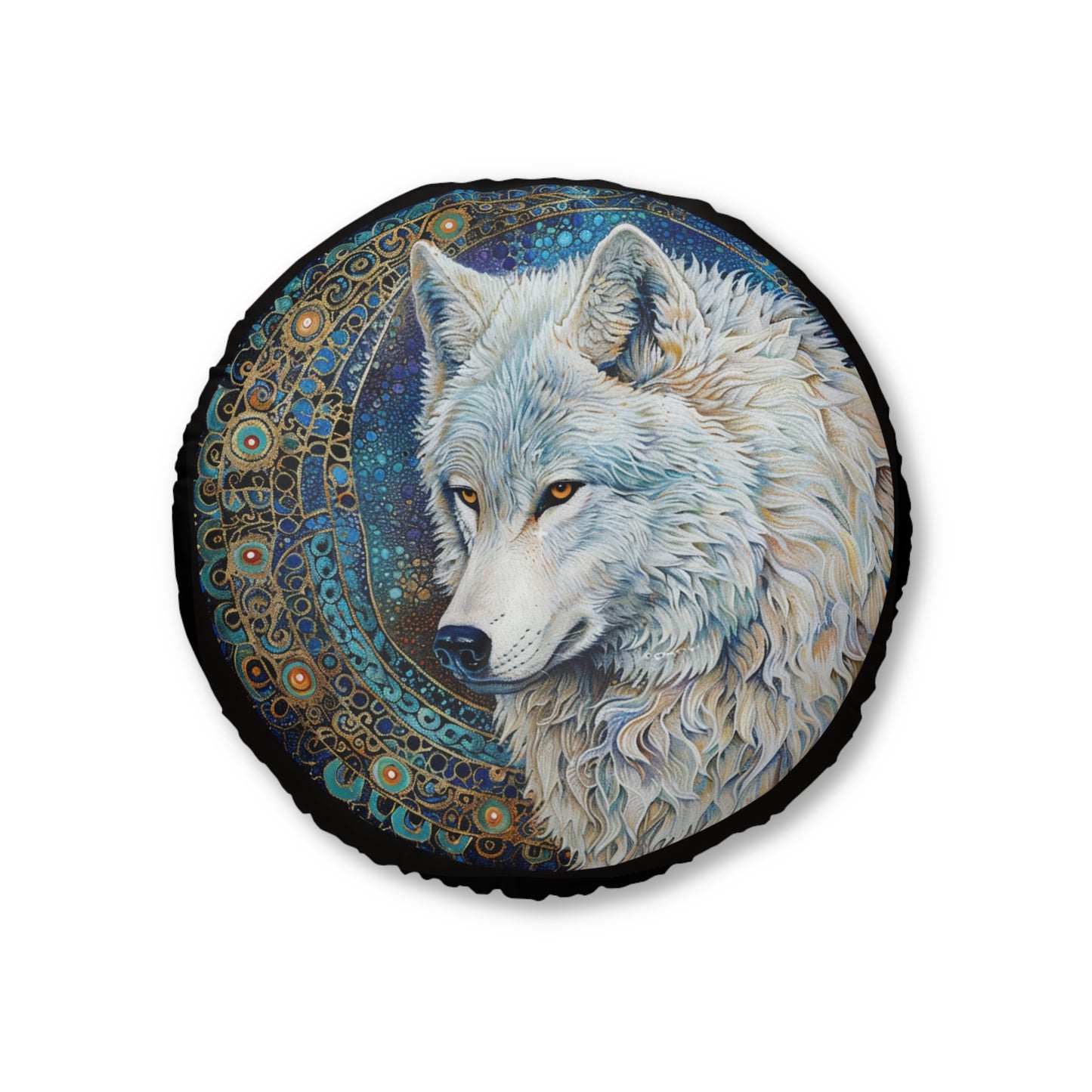 Wolf Print Tufted Floor Pillow, Round Decorative Cushion, Cosmic Home Decor, Nature-inspired Throw Pillow, Boho Living Room Accent