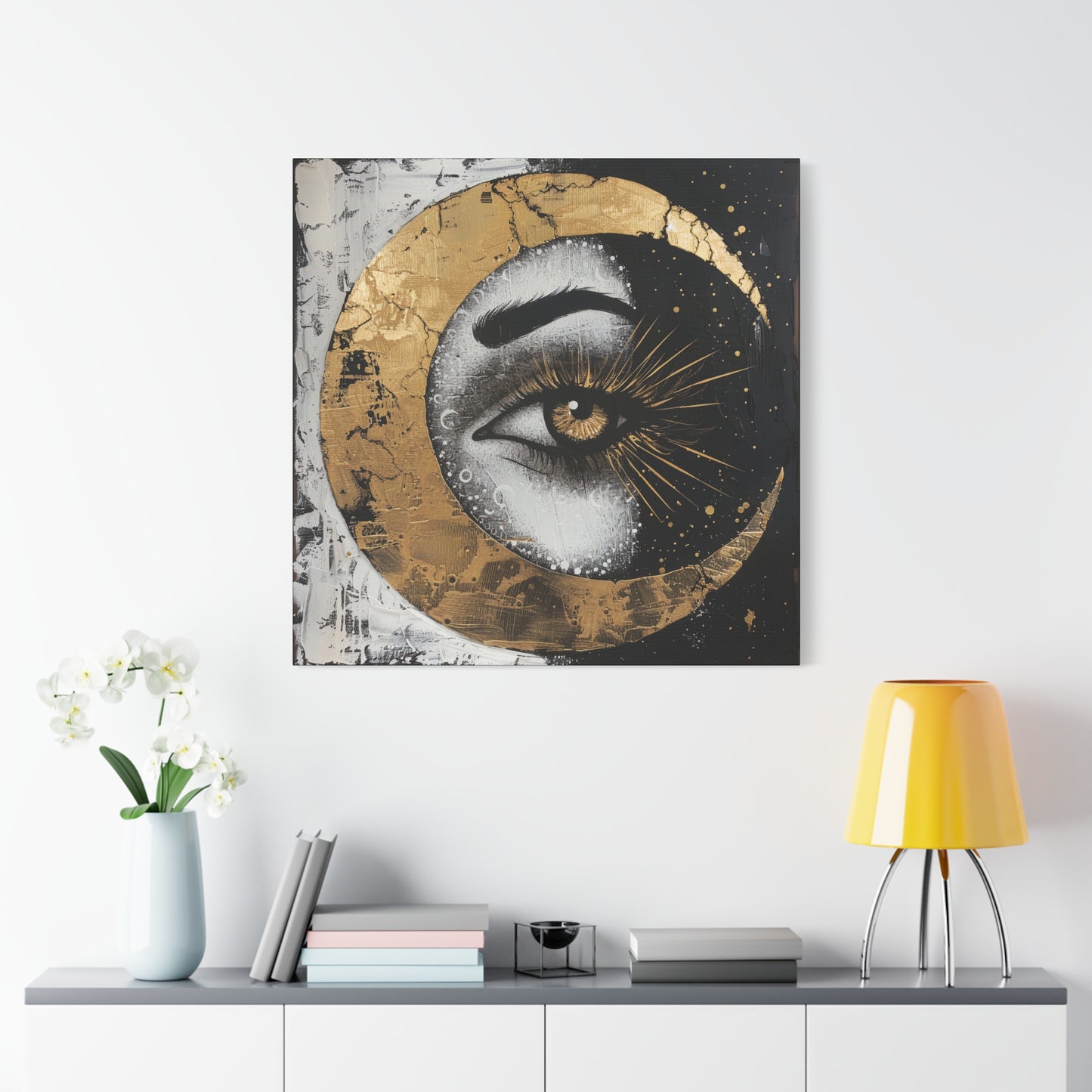 Celestial Eye Canvas Art, Gold Moon Wall Decor, Modern Home Aesthetic, Spiritual Artwork, Gift for Meditation, Boho Living Room Accent