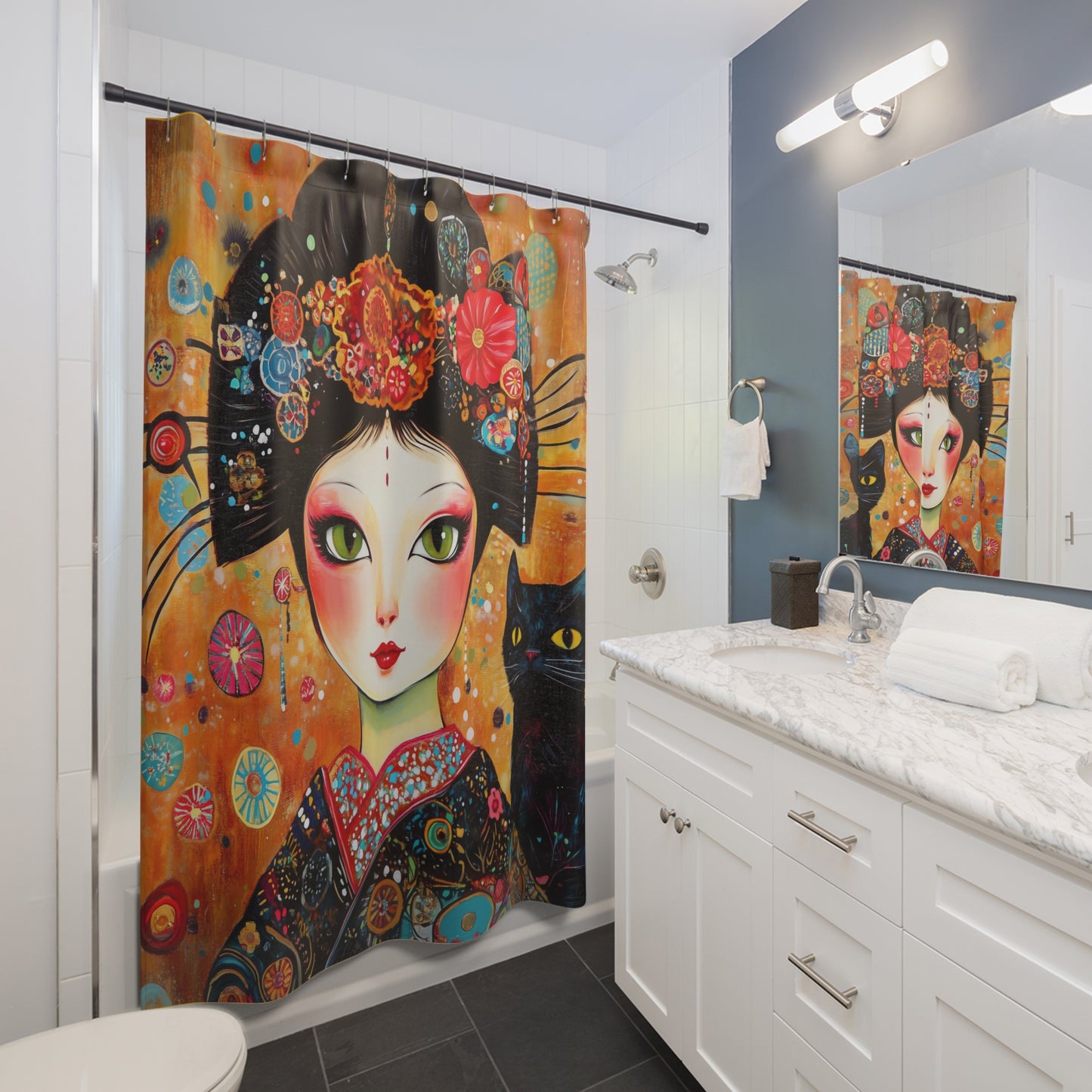 Geisha Cat Shower Curtain, Colorful Art, Home Decor, Bathroom Accents, Unique Gifts, Cat Lovers