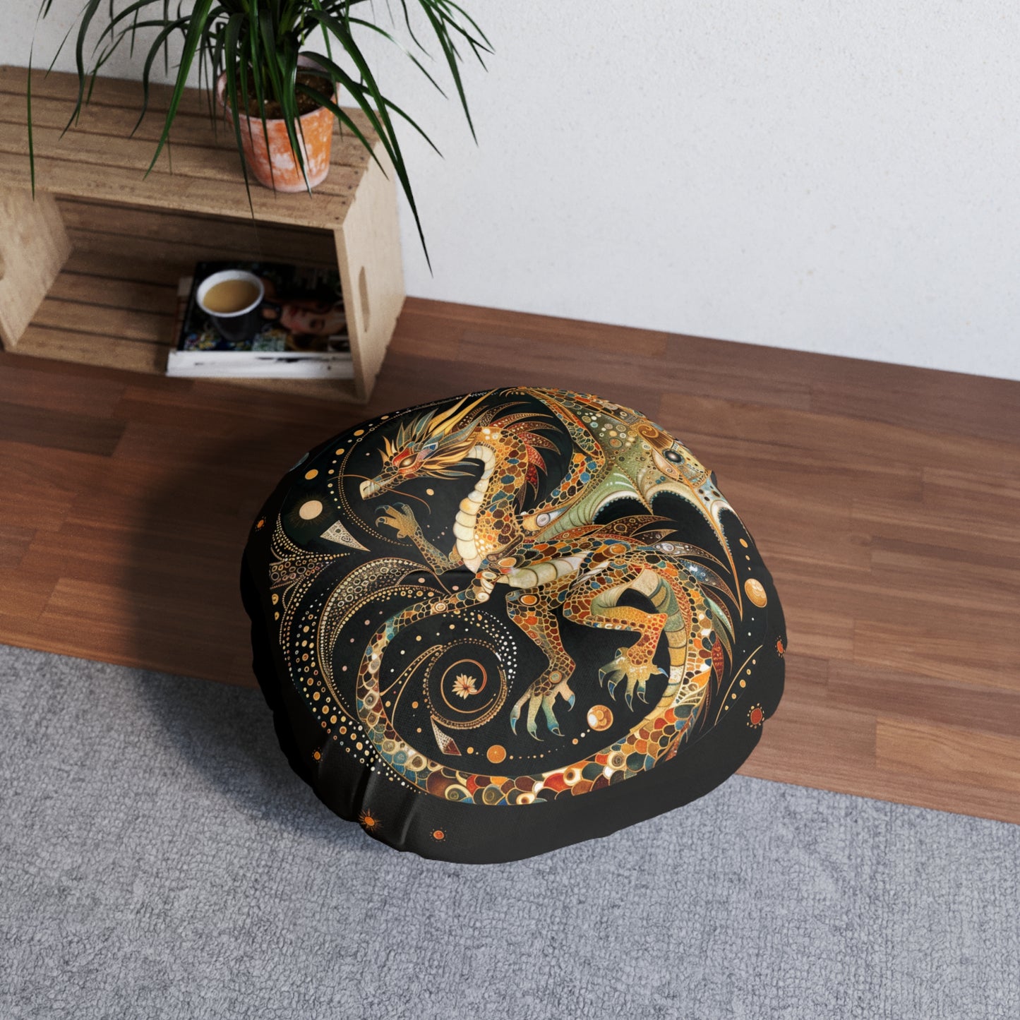 Dragon-Themed Tufted Floor Pillow, Bohemian Living Room Decor, Cozy Seating, Unique Gift, Fantasy Home Accent
