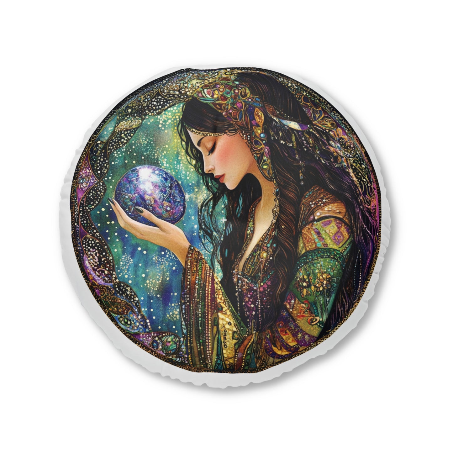 Bohemian Mystic Round Tufted Floor Pillow, Cozy Home Decor, Boho Chic Cushion, Meditation Pillow, Gift for Dreamers