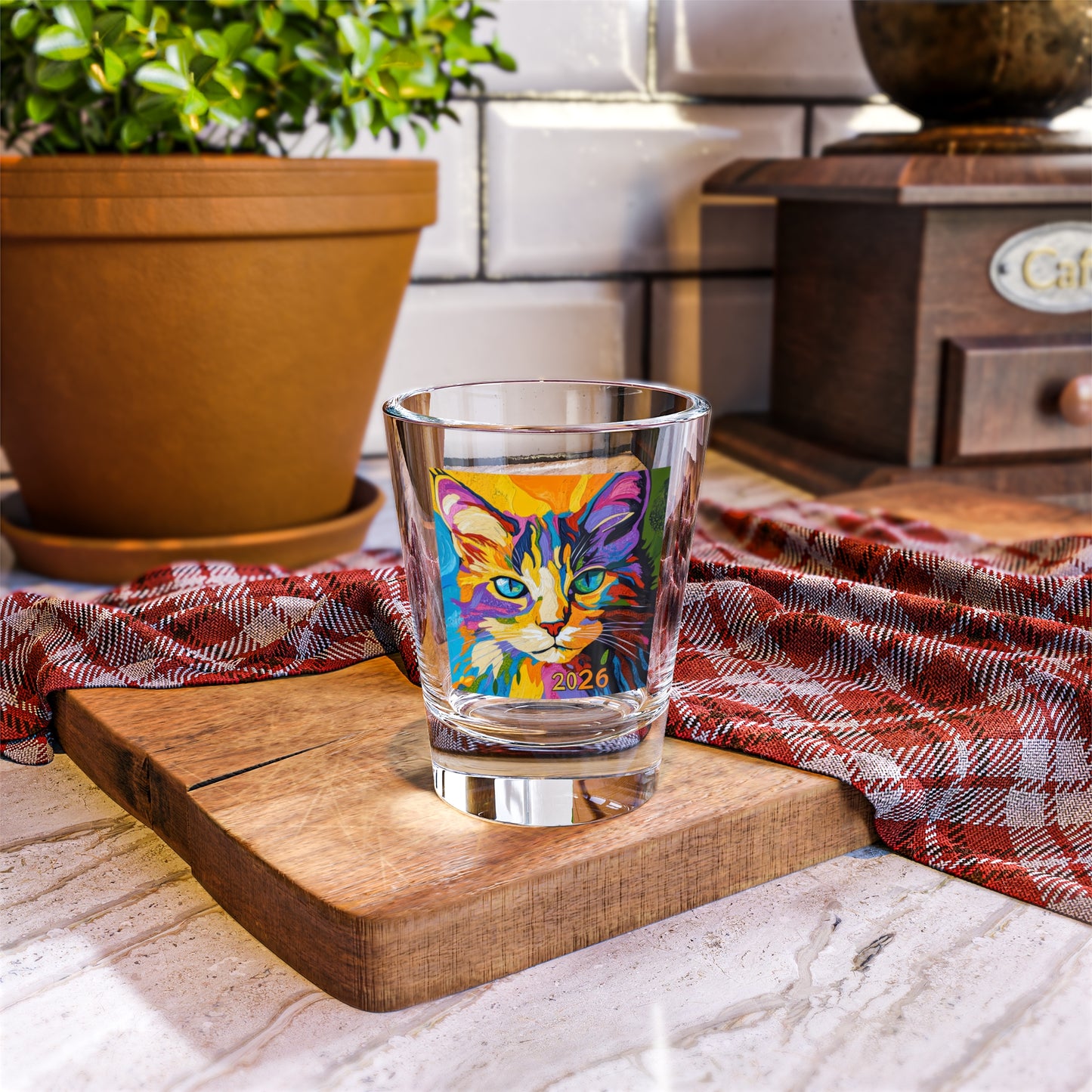 Happy New Year Colorful Pop Art Cat 2026 Shot Glass | Vibrant Feline Illustration