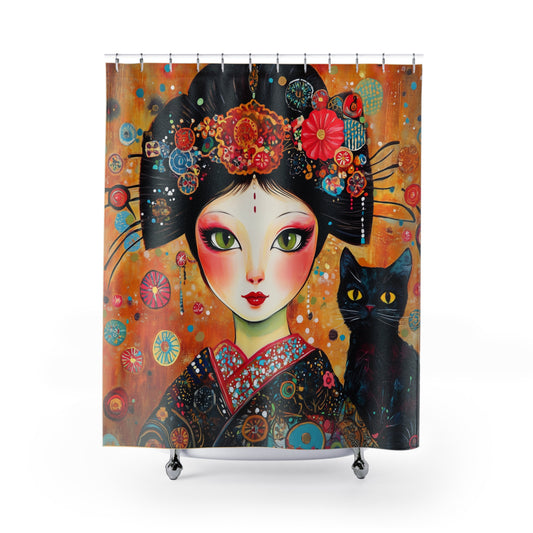 Geisha Cat Shower Curtain, Colorful Art, Home Decor, Bathroom Accents, Unique Gifts, Cat Lovers