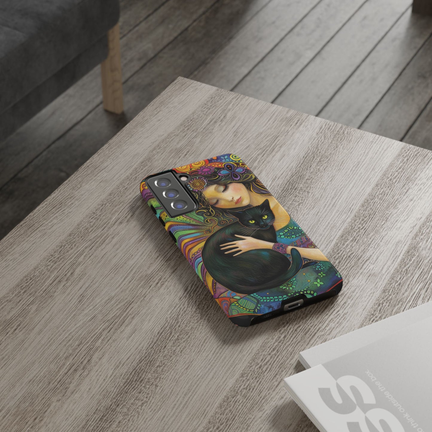 Artistic Phone Case, Celestial Cat Case, Bohemian Style, Gift for Cat Lovers, Unique Phone Protection, Colorful Design