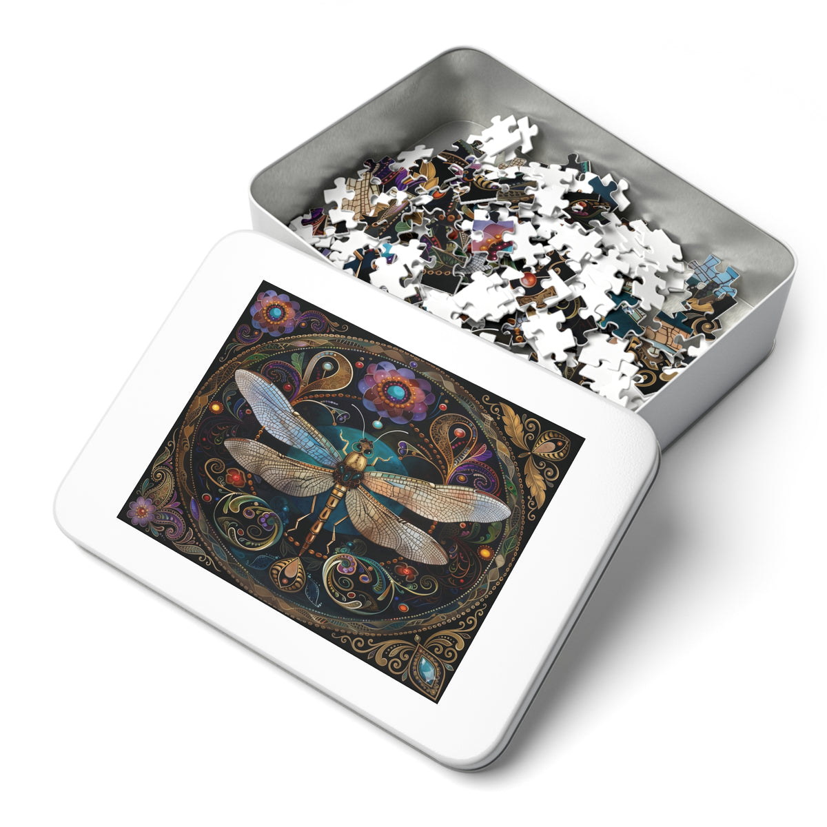 Ornate Dragonfly Jigsaw Puzzle with Tin | Ornate Floral Mosaic