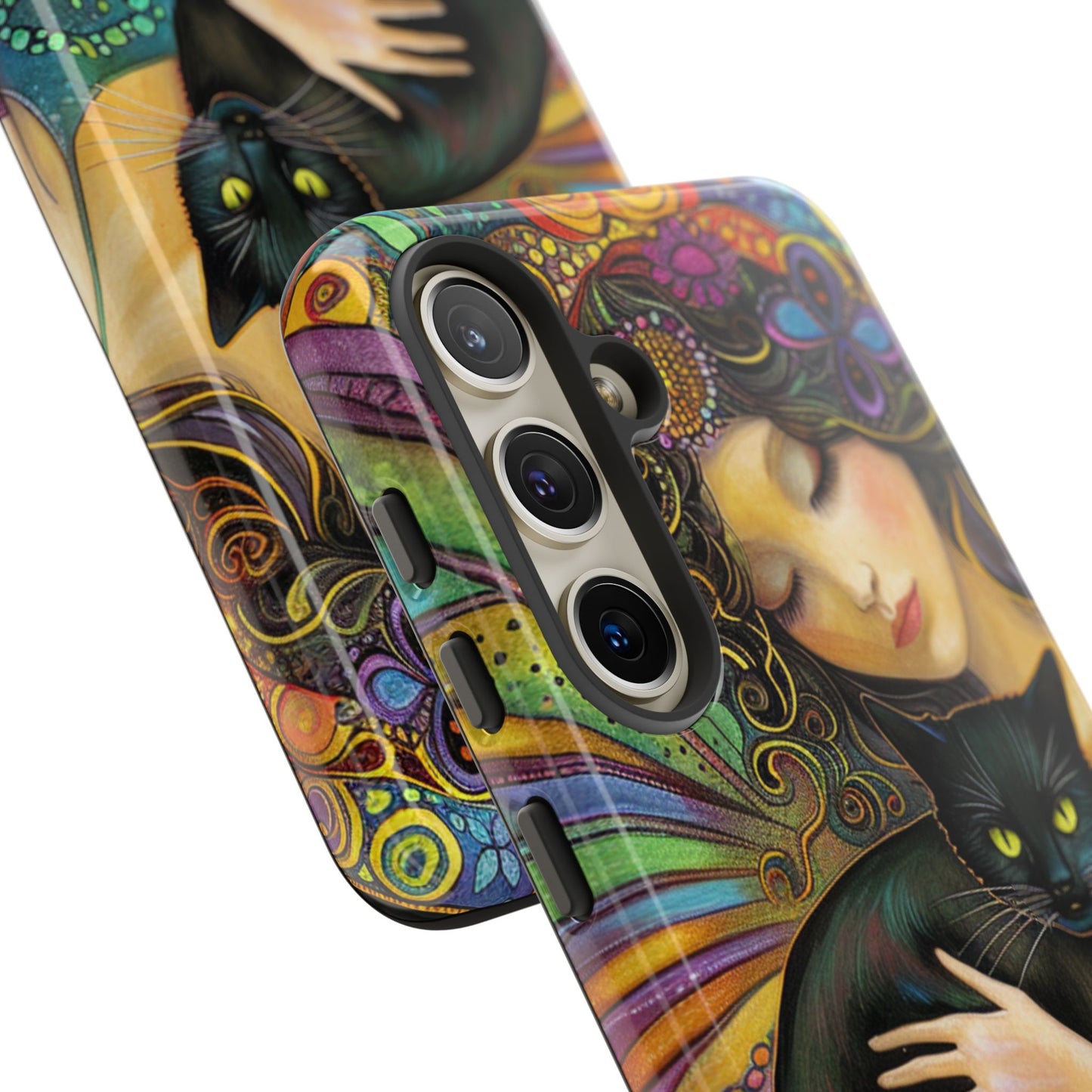 Artistic Phone Case, Celestial Cat Case, Bohemian Style, Gift for Cat Lovers, Unique Phone Protection, Colorful Design