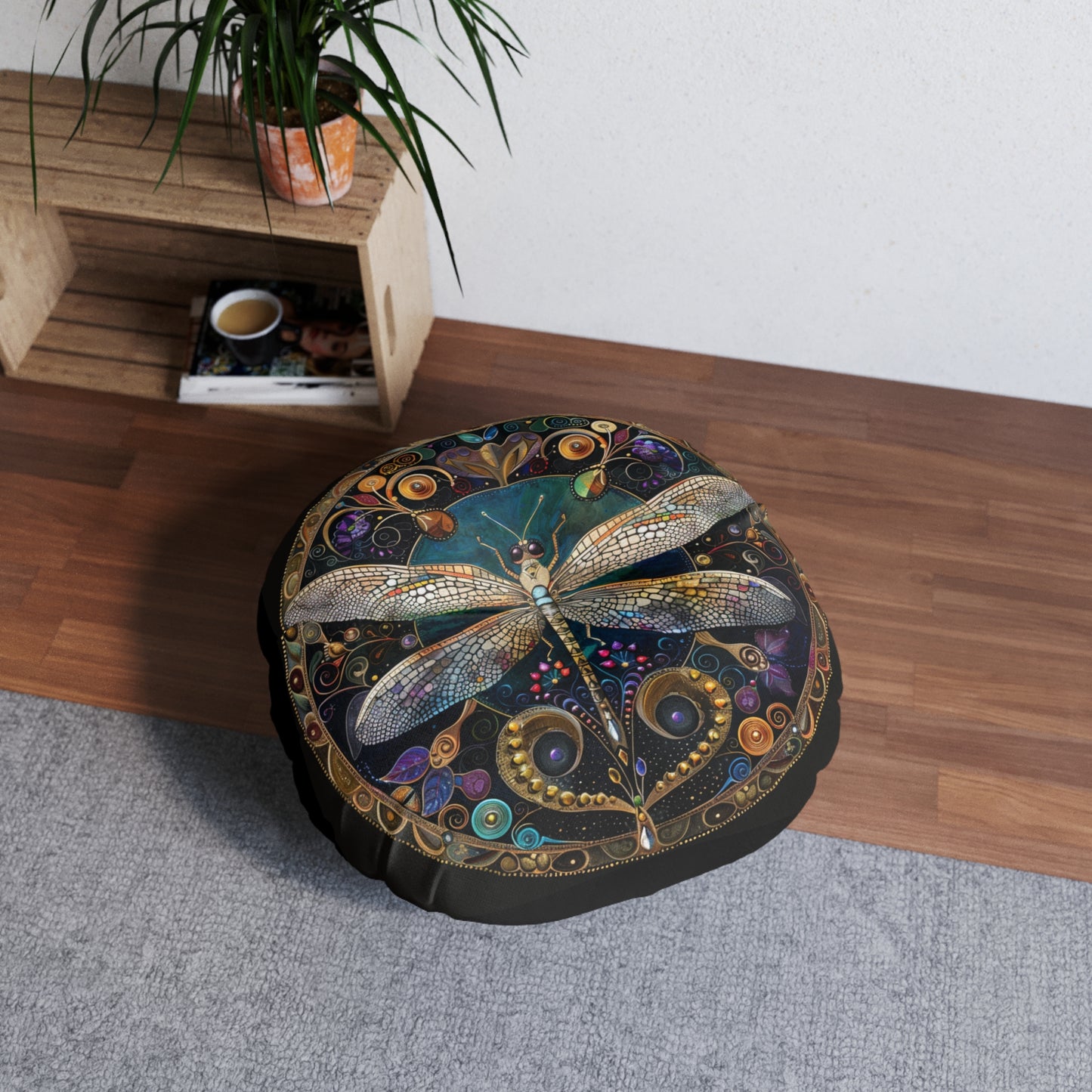 Artistic Dragonfly Tufted Floor Pillow, Round Accent Cushion for Home Decor, Boho Living Room Pillow, Nature-Inspired Gift, Mandala Style