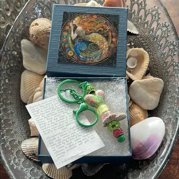 Mermaid Charm Keychain with Green Accent Beads and Gift Box, Bodhi Magic