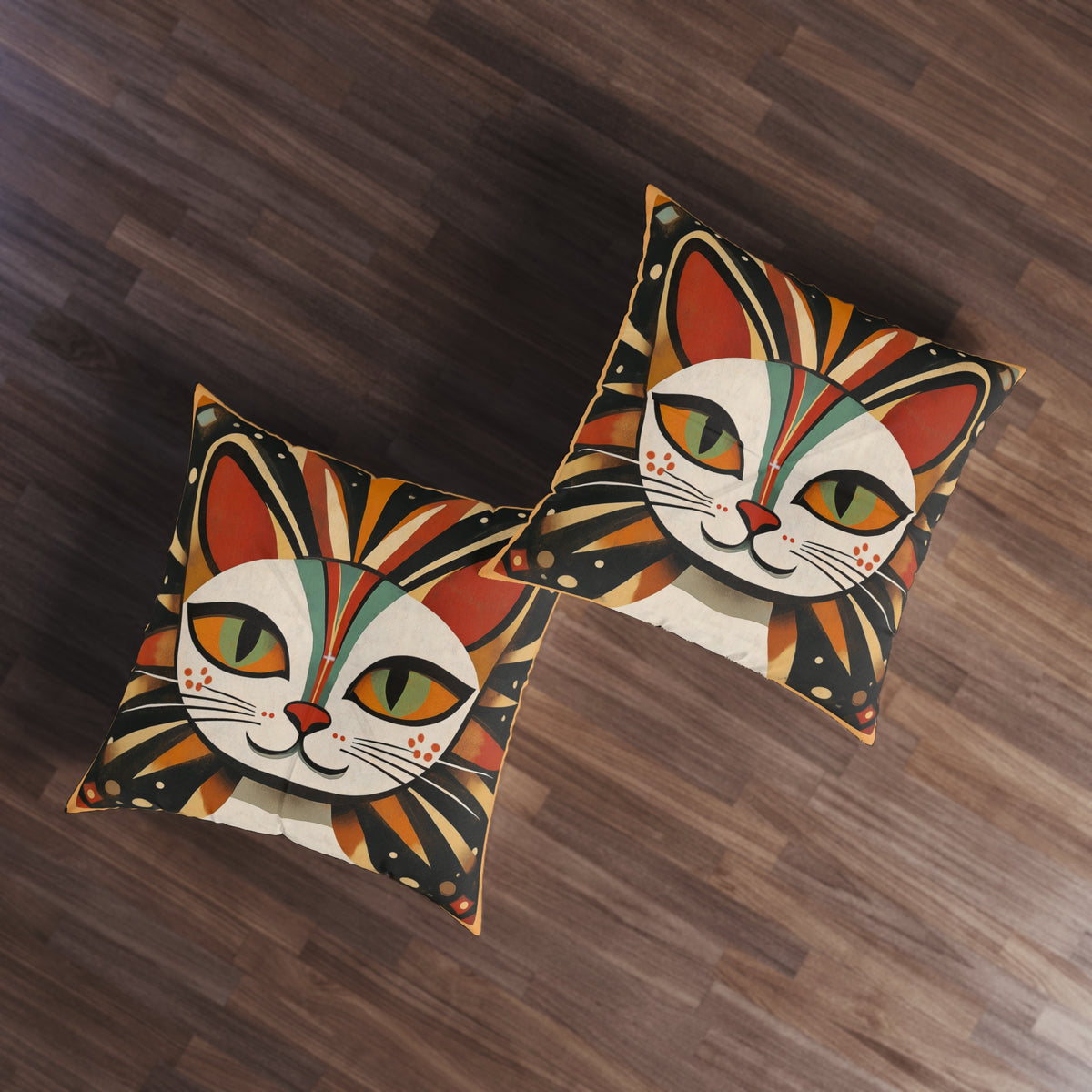 Retro Mid Century Modern Colorful Cat Face Tufted Floor Pillow | Square