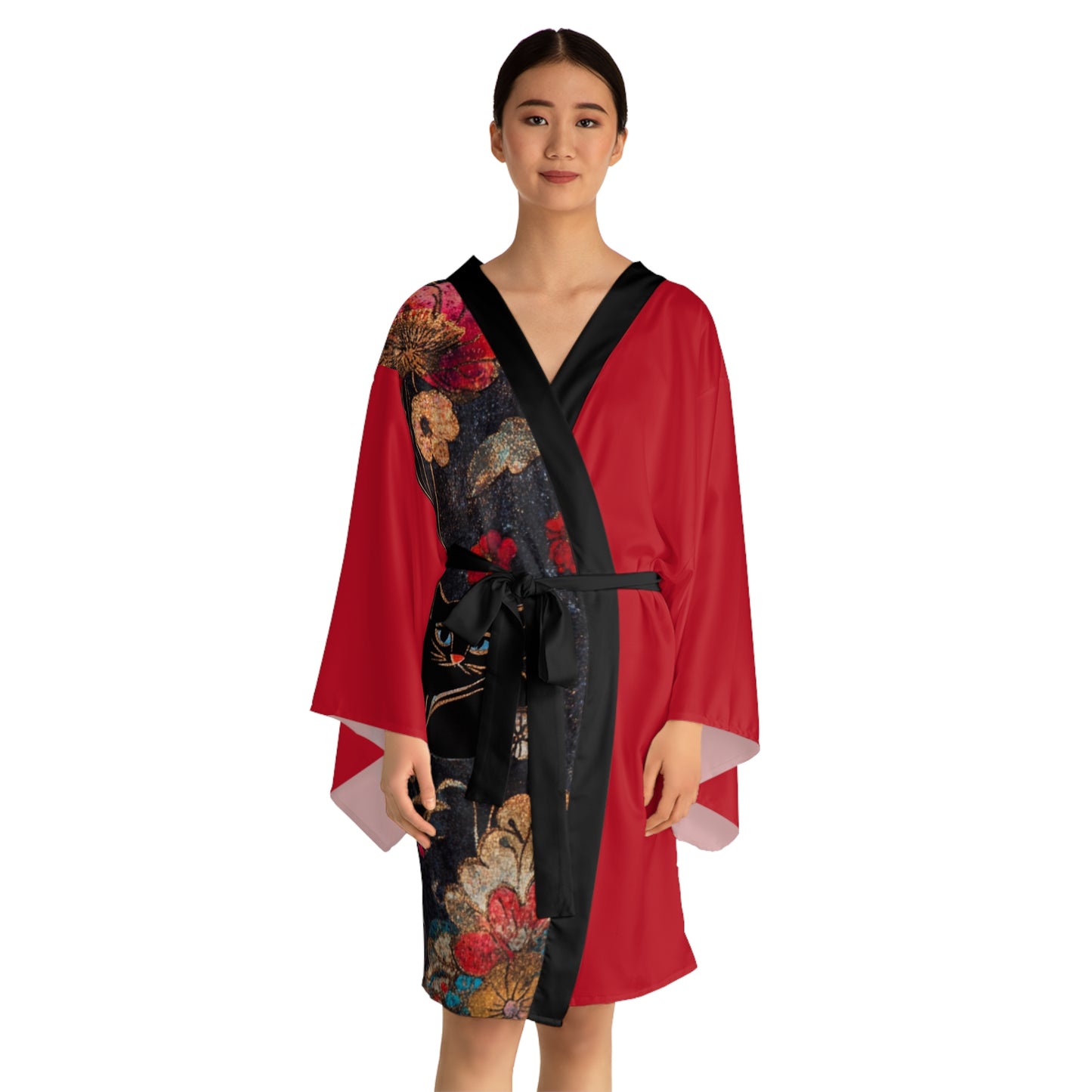 Geisha Cat-Pattern Long Sleeve Kimono Robe, Cozy Lounge Wear, Perfect for Relaxation, Gifts, Home Spa, Traditional Style