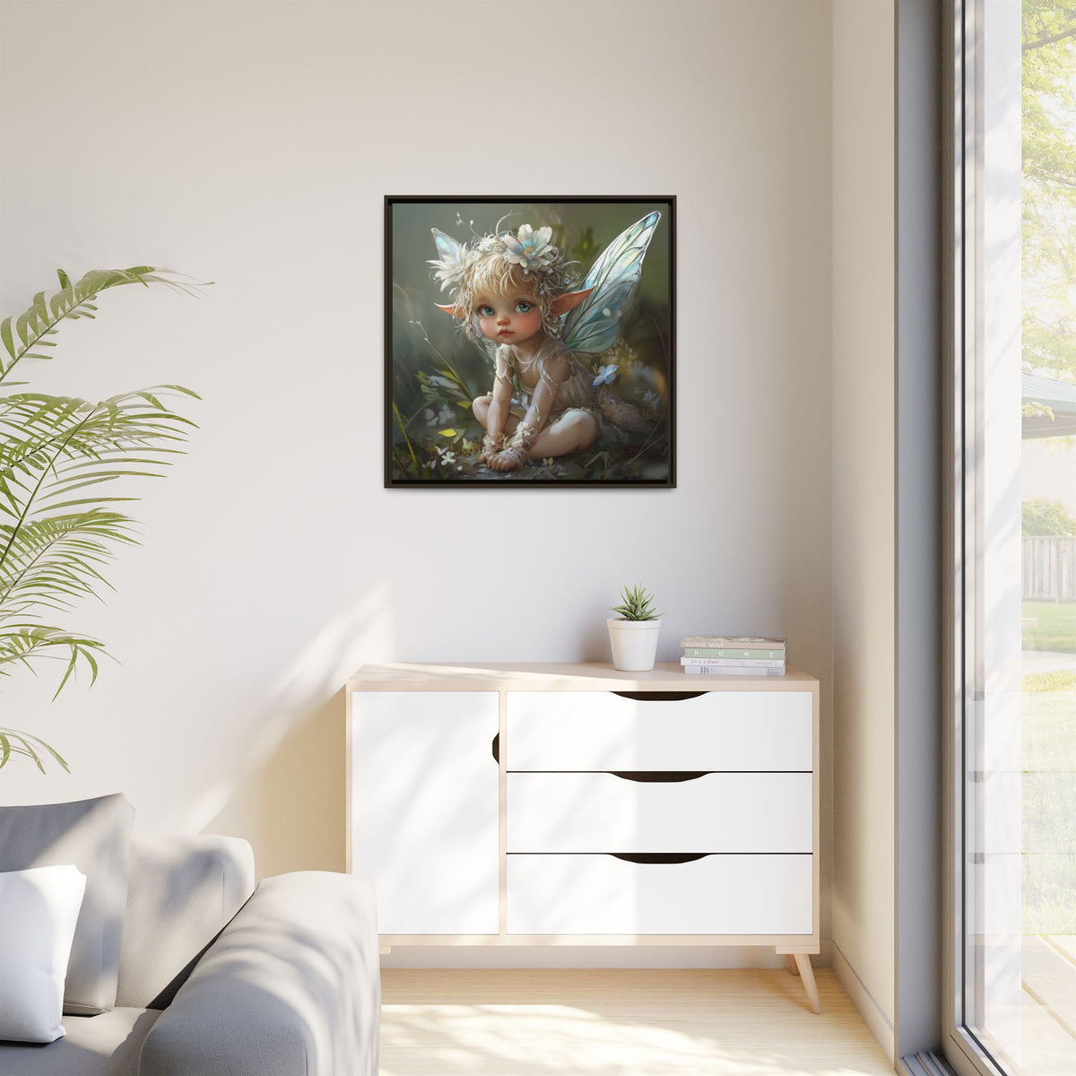 Baby Fairy Art Print, Framed Canvas, Whimsical Home Decor, Fairy Tale Gift, Magical Nursery Wall Art