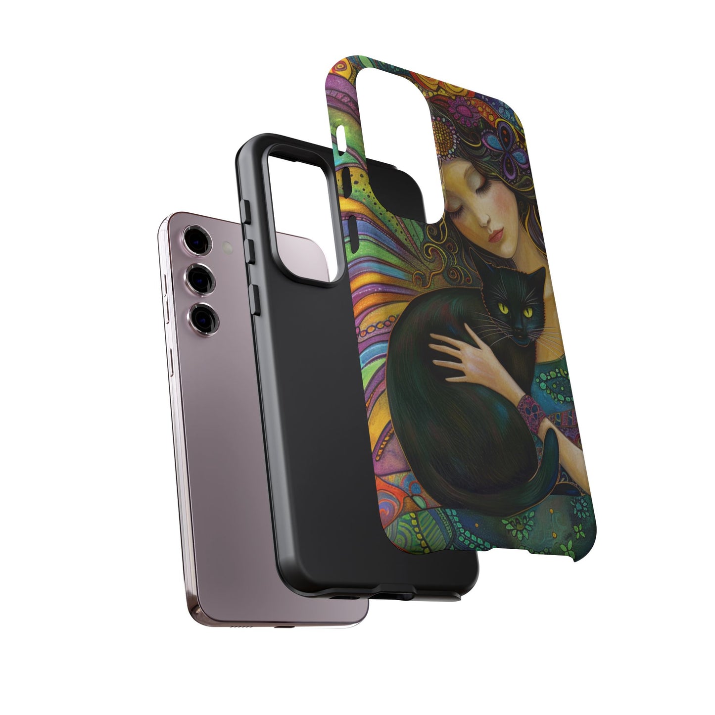 Artistic Phone Case, Celestial Cat Case, Bohemian Style, Gift for Cat Lovers, Unique Phone Protection, Colorful Design