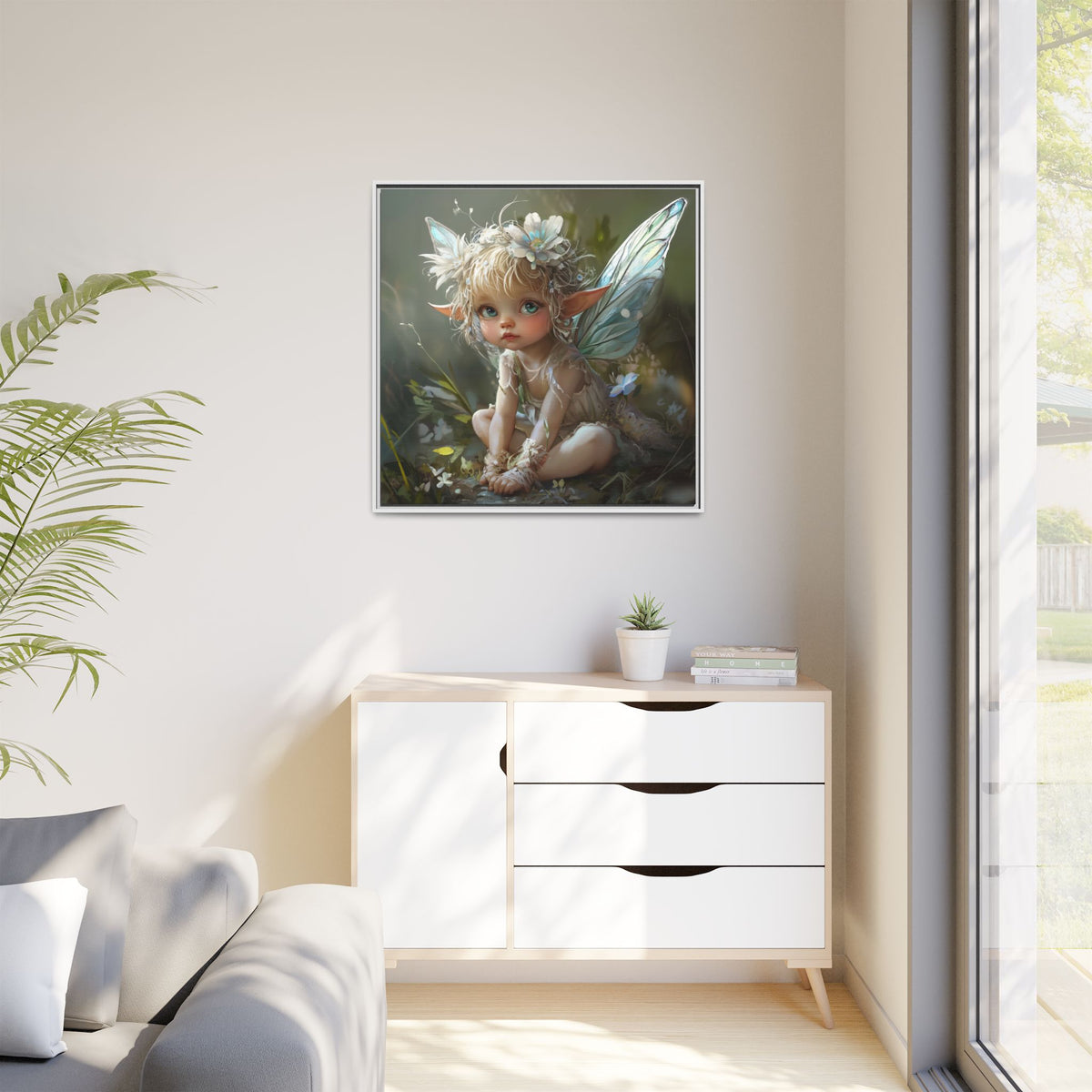Baby Fairy Art Print, Framed Canvas, Whimsical Home Decor, Fairy Tale Gift, Magical Nursery Wall Art