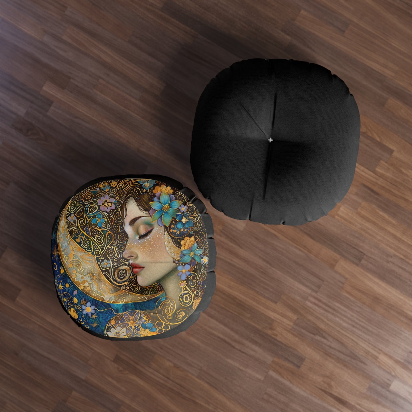 Lady of The Moon Bohemian Round Tufted Floor Pillow, Cozy Home Decor, Meditation Cushion, Artistic Pillow, Gift for Her