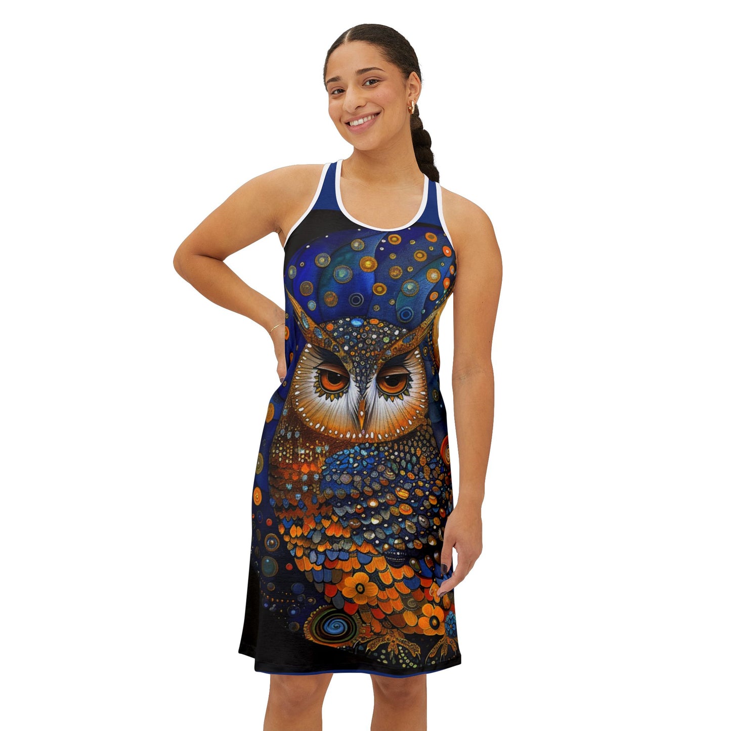 Bohemian Owl Racerback Dress, Unique Summer Dress, Festival Outfit, Spiritual Gifts for Her, Nature Lover Apparel