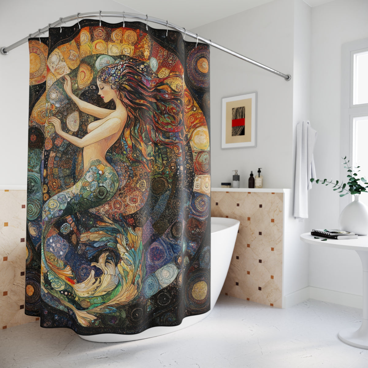 Autumn Mermaid Shower Curtain, Nautical Bathroom Decor, Fantasy Home Accessory, Bohemian Style, Ocean-Themed Gift