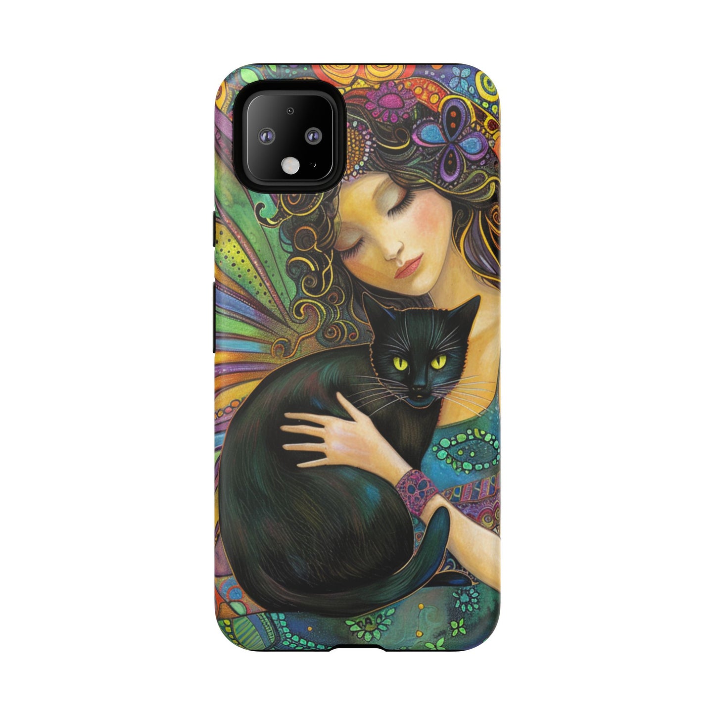 Artistic Phone Case, Celestial Cat Case, Bohemian Style, Gift for Cat Lovers, Unique Phone Protection, Colorful Design