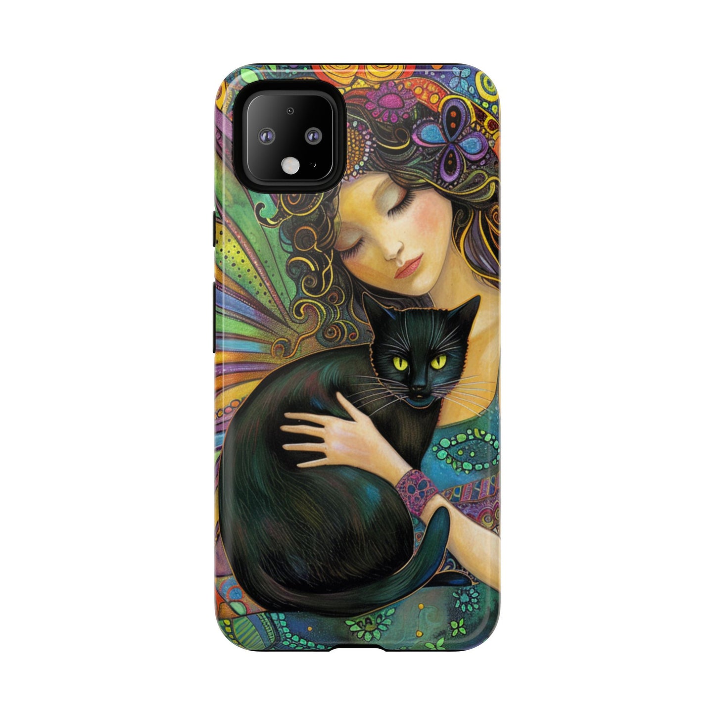 Artistic Phone Case, Celestial Cat Case, Bohemian Style, Gift for Cat Lovers, Unique Phone Protection, Colorful Design
