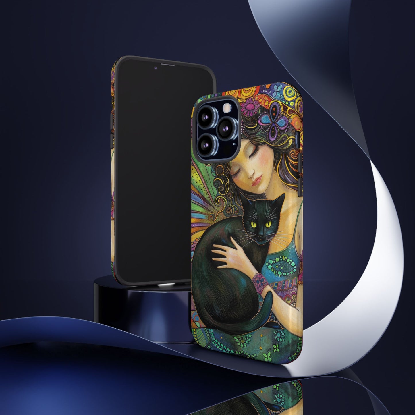 Artistic Phone Case, Celestial Cat Case, Bohemian Style, Gift for Cat Lovers, Unique Phone Protection, Colorful Design