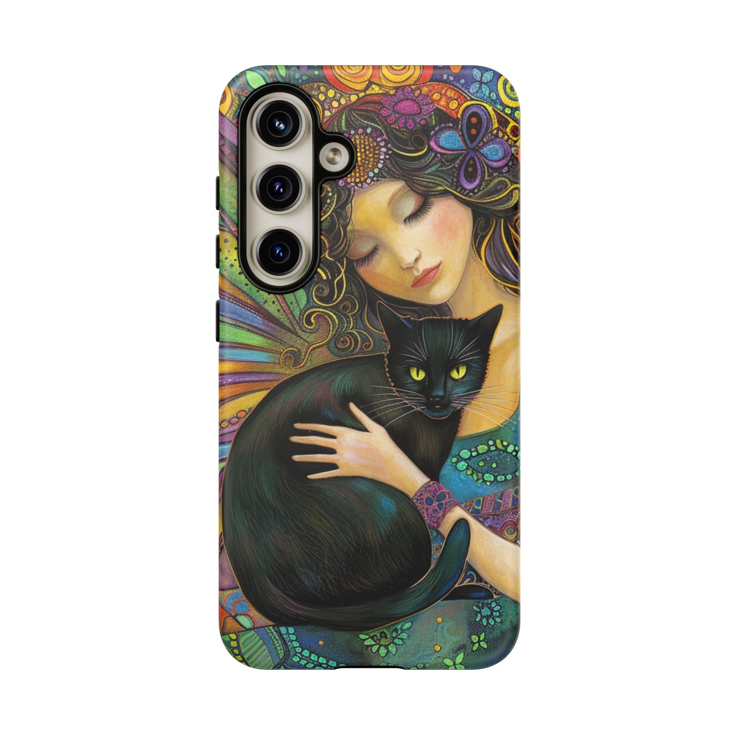 Artistic Phone Case, Celestial Cat Case, Bohemian Style, Gift for Cat Lovers, Unique Phone Protection, Colorful Design