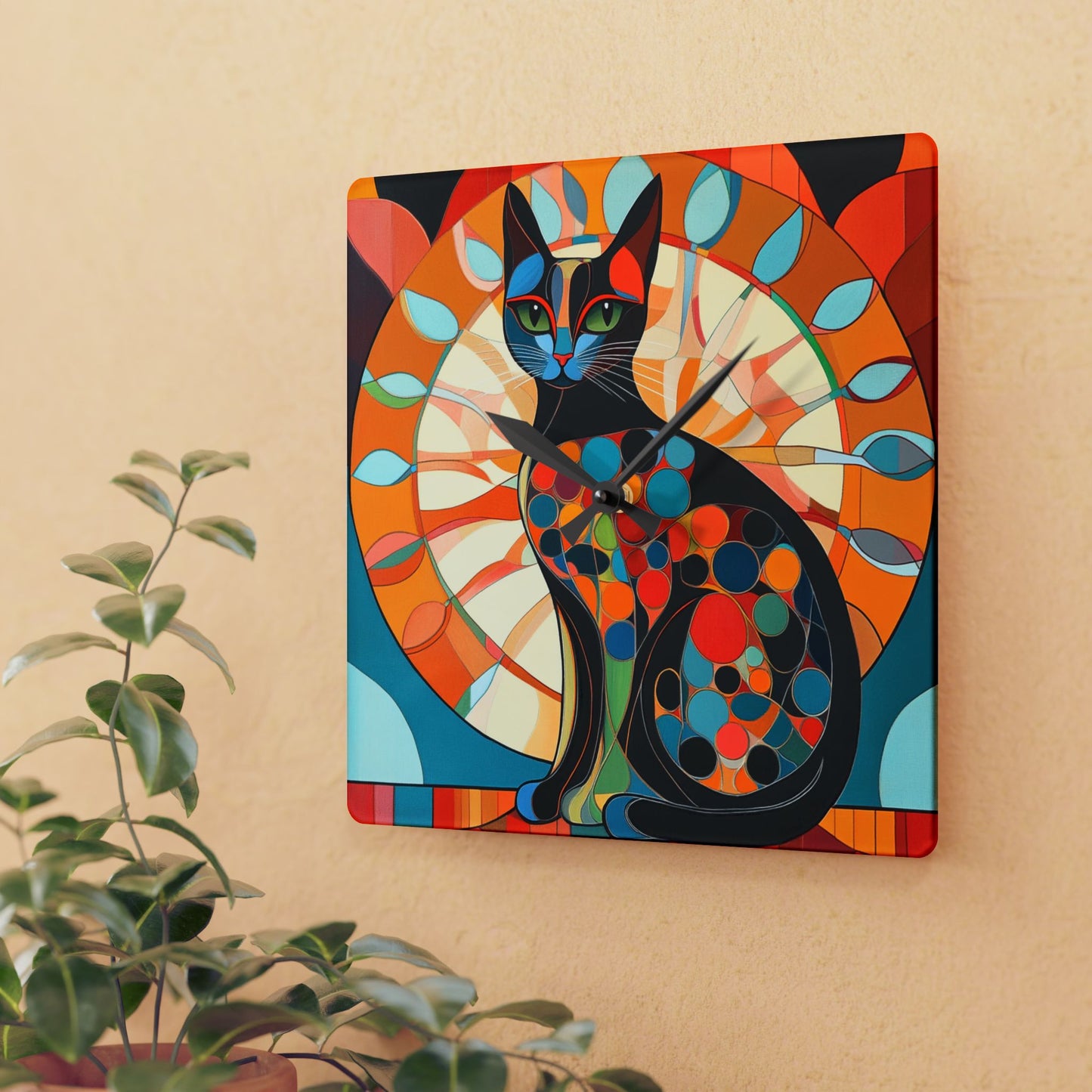 Mid Century Cat Acrylic Wall Clock, Unique Home Decor, Cat Lover Gift, Modern Art Clock, Vibrant Wall Art