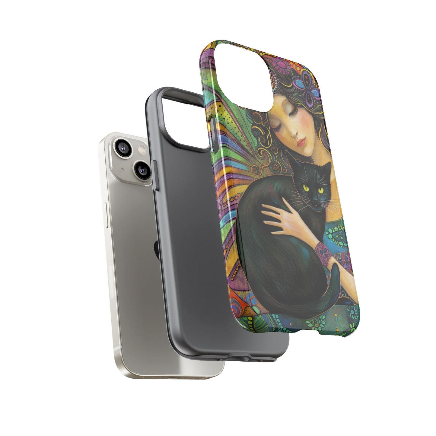 Artistic Phone Case, Celestial Cat Case, Bohemian Style, Gift for Cat Lovers, Unique Phone Protection, Colorful Design
