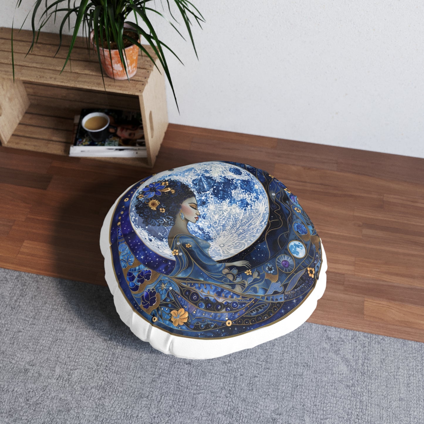 Blue Moon Goddess Tufted Floor Pillow, Round - Moon Goddess Decor, Bohemian Home Accent, Cozy Living Space, Gift for Her