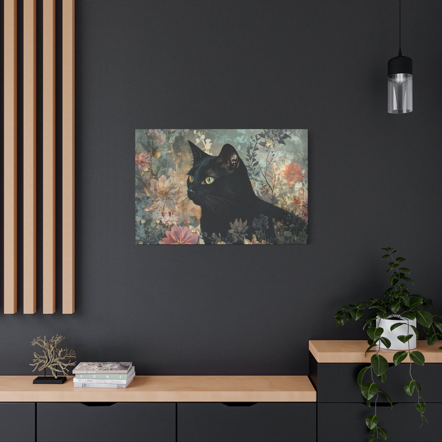 Black Cat Floral Canvas Wall Art, Home Decor for Cat Lovers, Perfect Gift for Birthdays, Housewarming, or Pet Lovers
