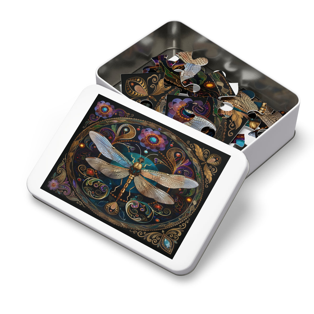 Ornate Dragonfly Jigsaw Puzzle with Tin | Ornate Floral Mosaic