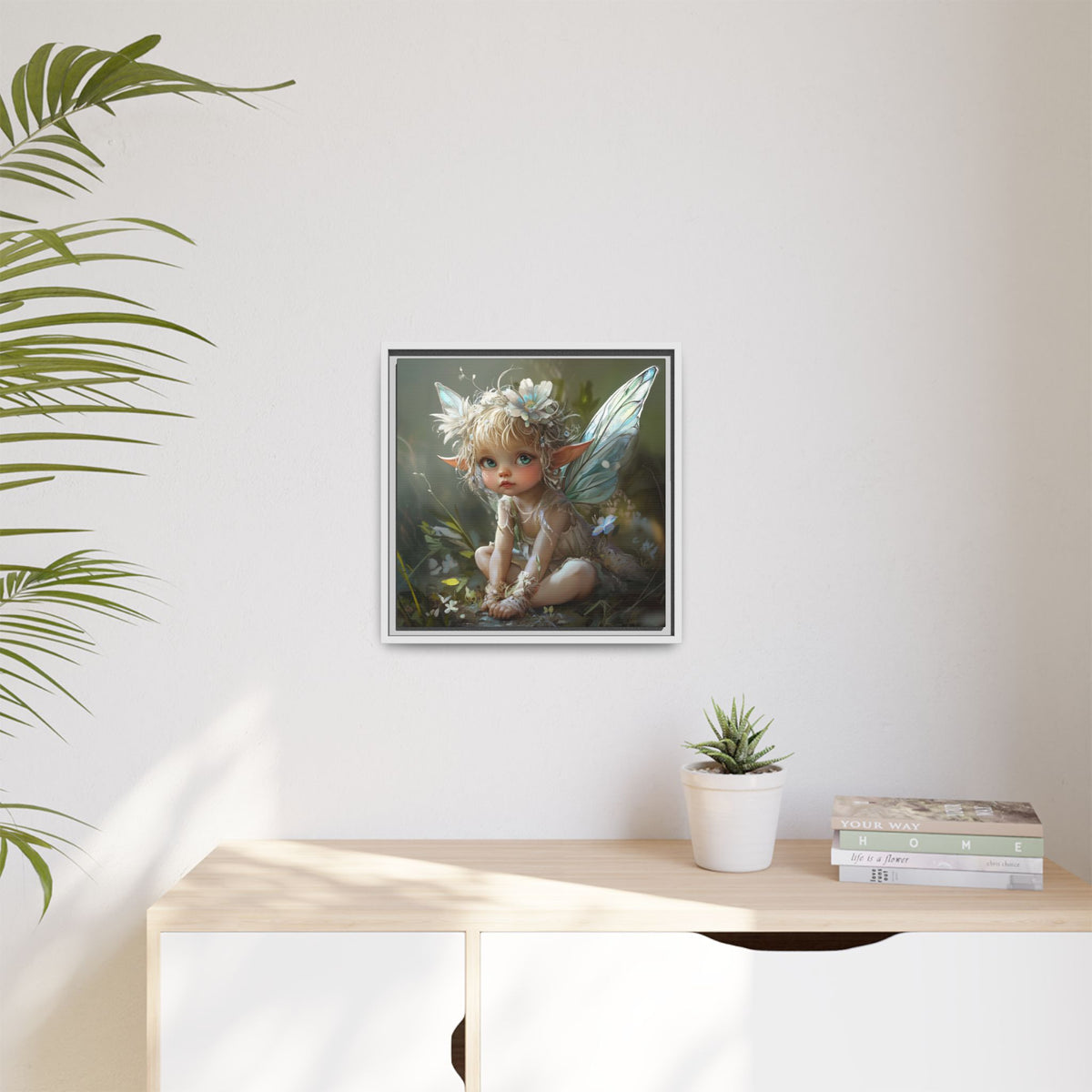 Baby Fairy Art Print, Framed Canvas, Whimsical Home Decor, Fairy Tale Gift, Magical Nursery Wall Art