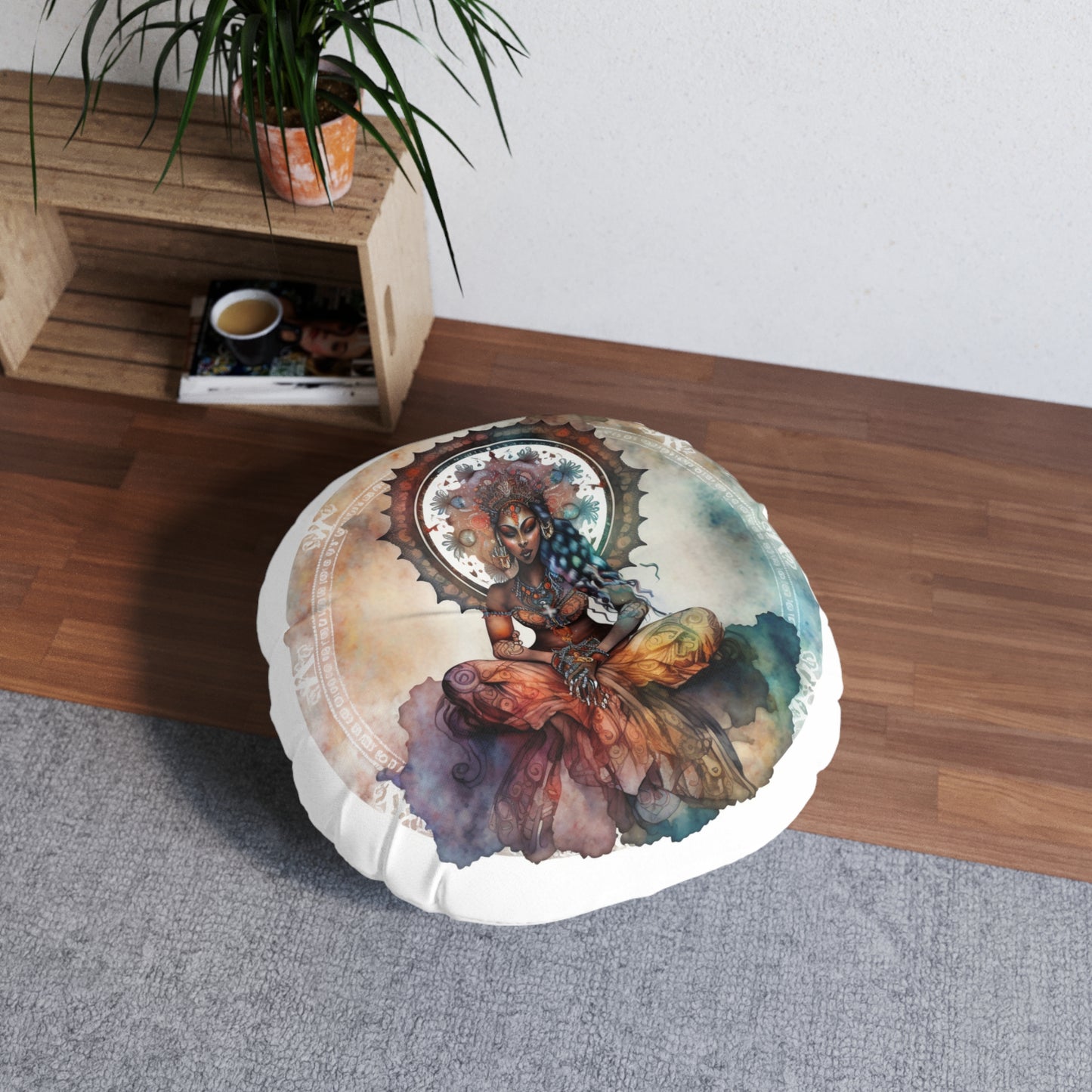 Bohemian Mystical Goddess Round Tufted Floor Pillow, Meditation Cushion, Boho Decor, Cozy Home Accent, Yoga Studio Essential