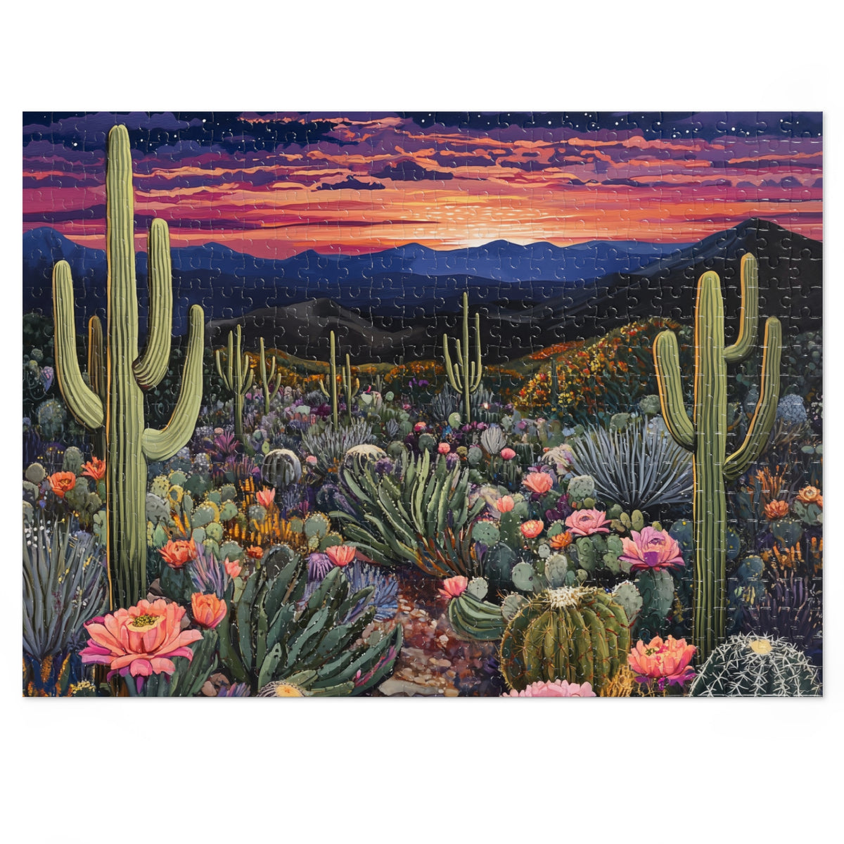 Desert Cactus Sunset Jigsaw Puzzle with Tin | Desert Landscape Puzzle