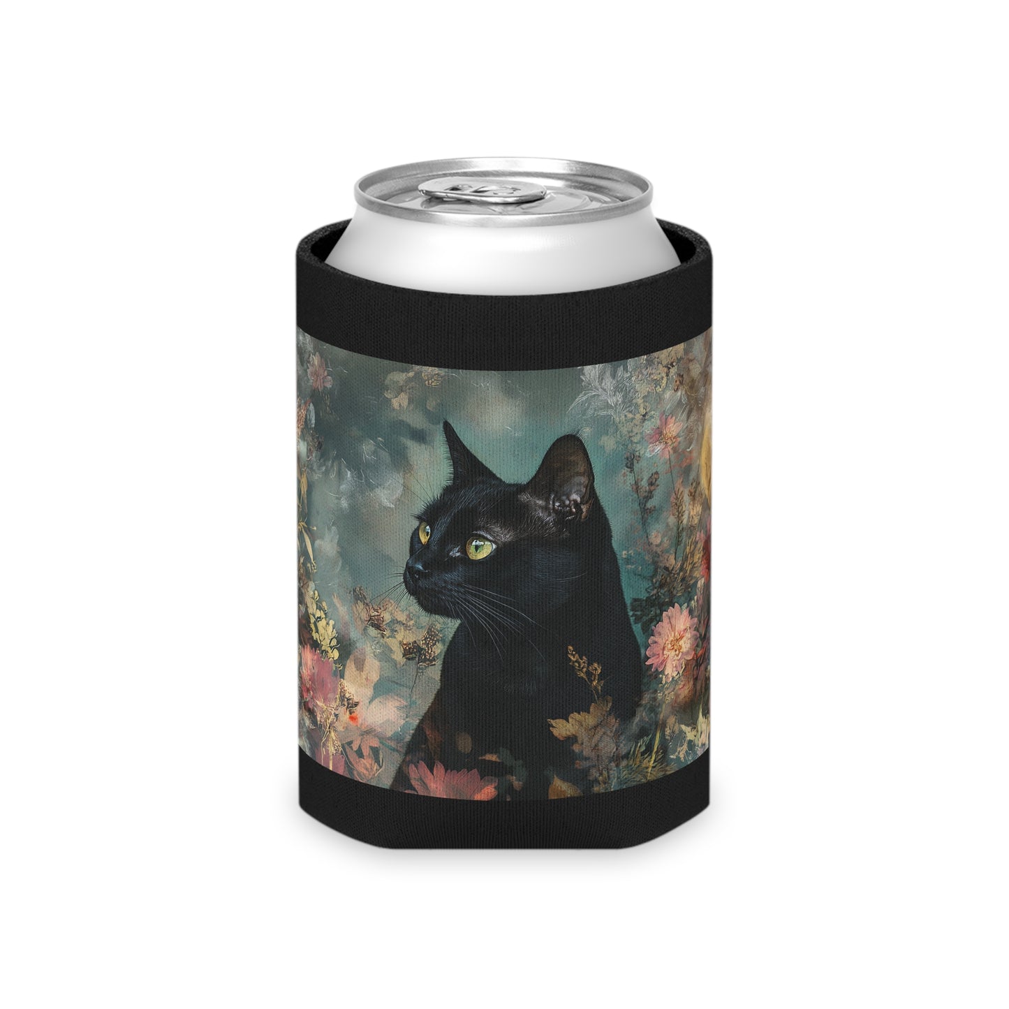 Chic Black Cat Can Cooler with Floral Design, Black Cat Accessories, Pet Lover Gift, Summer Party Essential, Unique Beverage Insulator